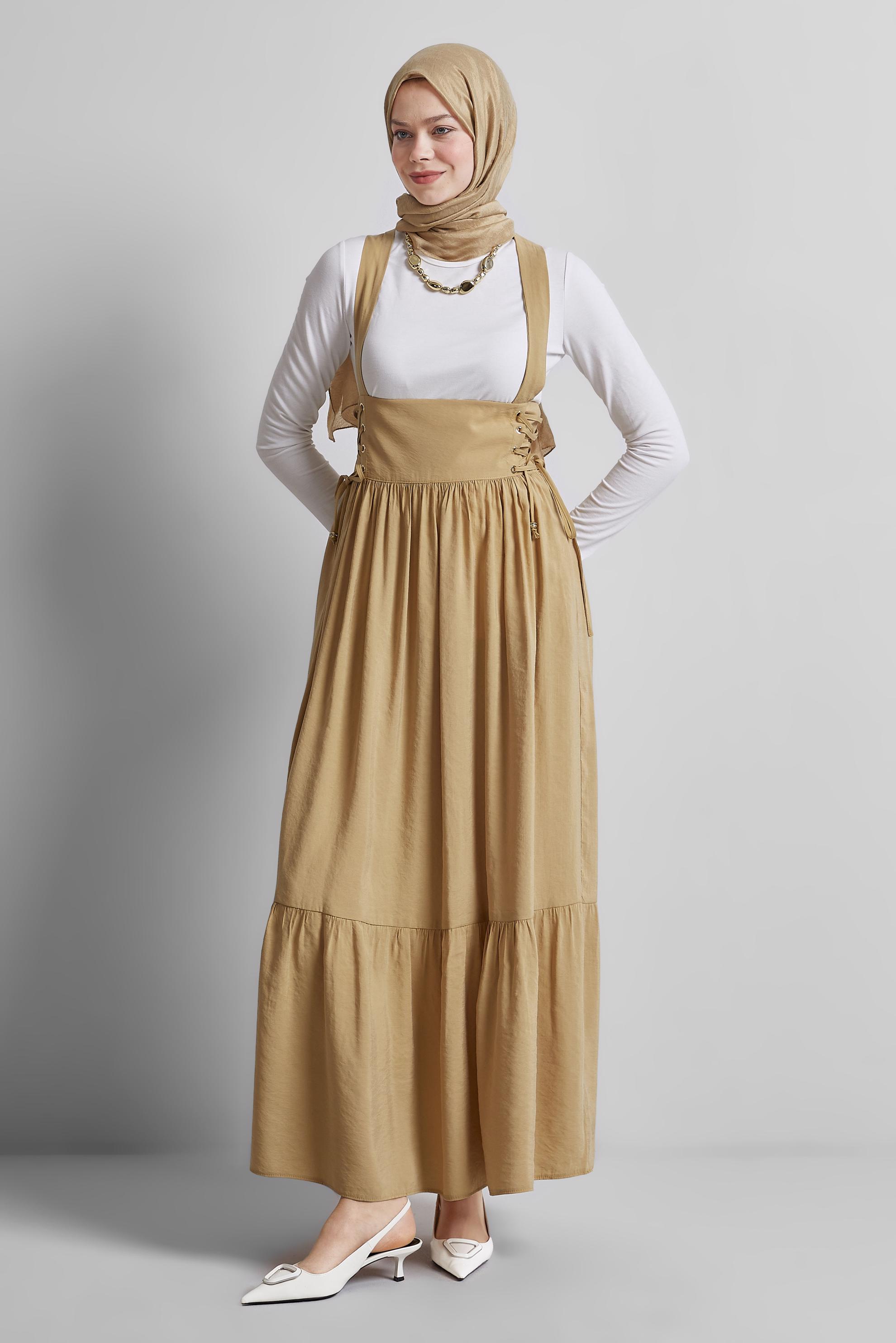 Hijab clothing BROWN PINAFORE DRESS WITH TIE DETAIL 45340