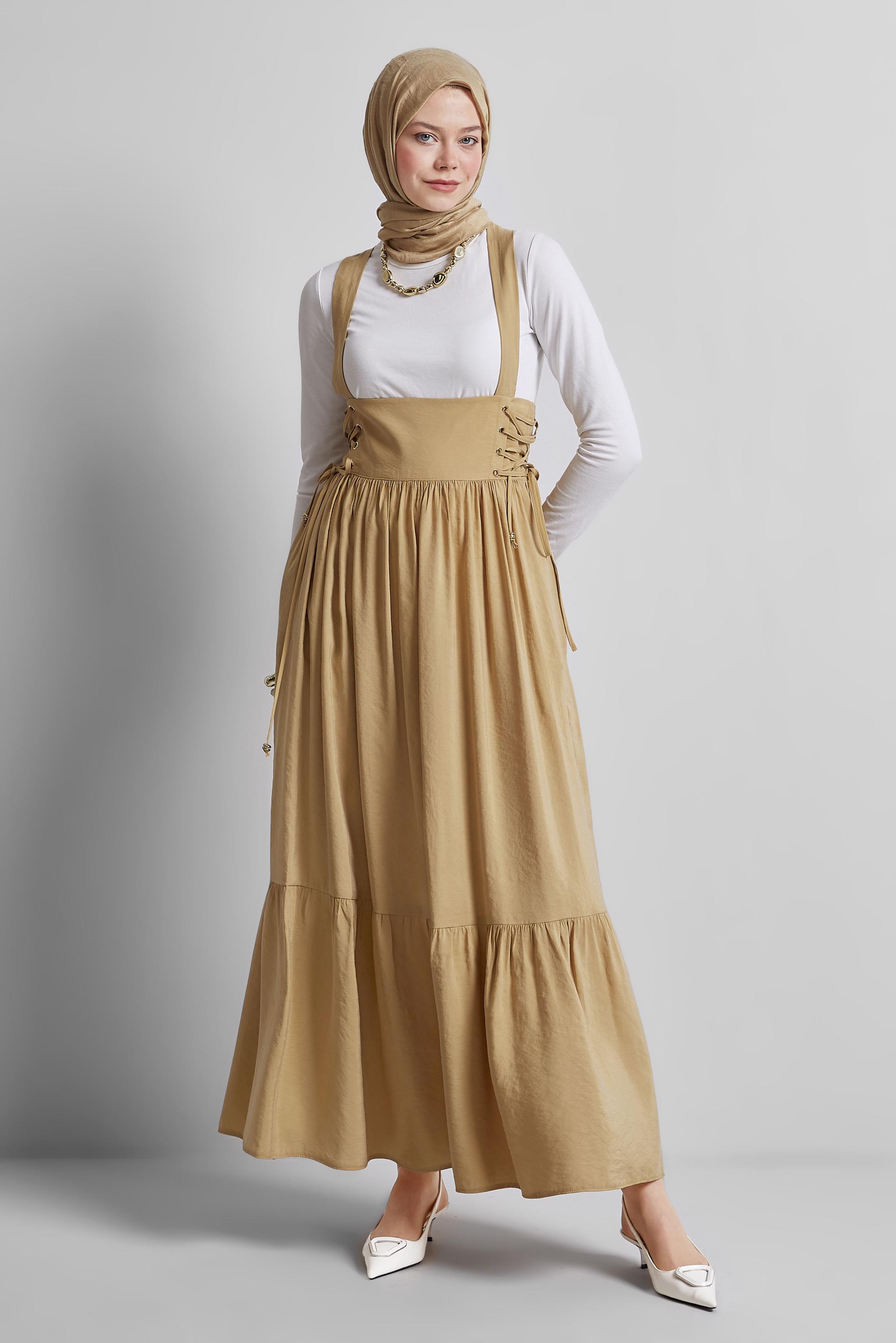 Hijab clothing BROWN PINAFORE DRESS WITH TIE DETAIL 45340