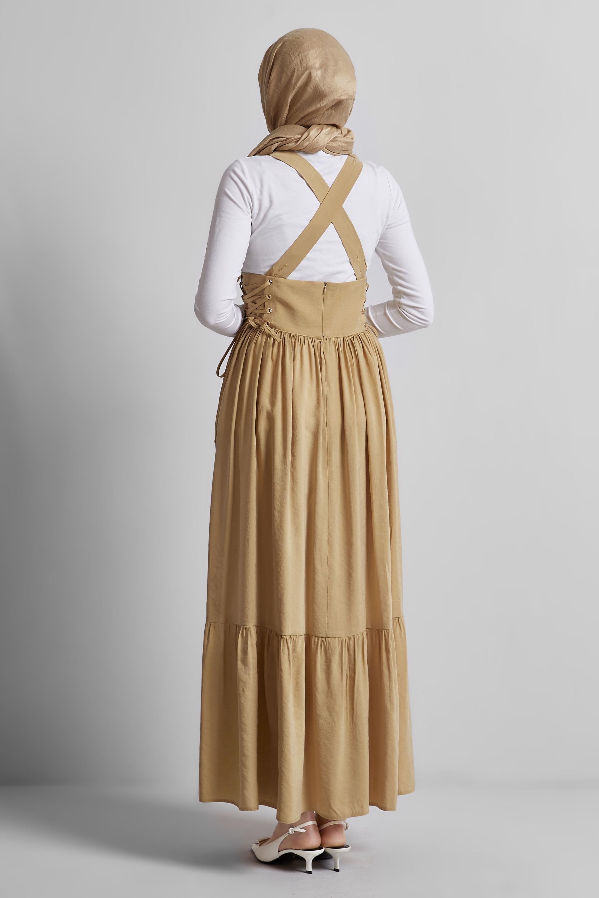 Hijab clothing BROWN PINAFORE DRESS WITH TIE DETAIL 45340
