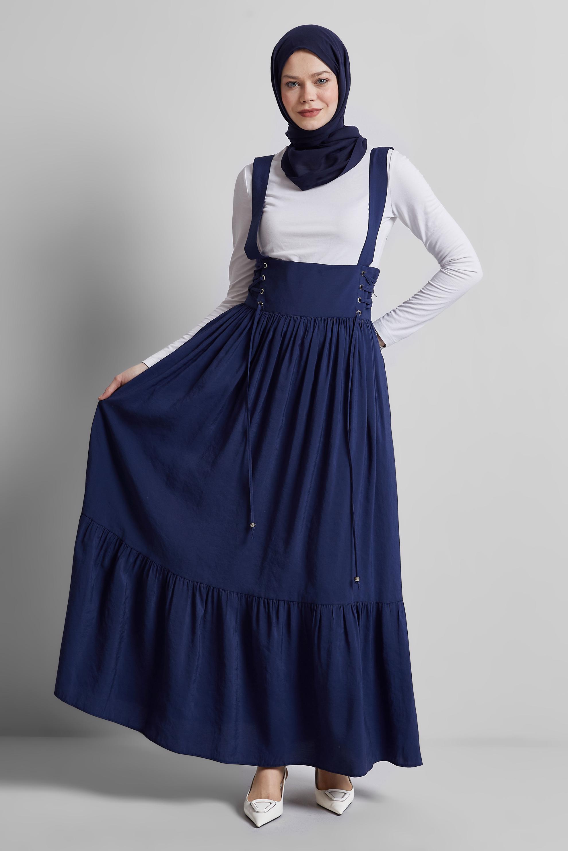 Hijab clothing NAVY BLUE PINAFORE DRESS WITH TIE DETAIL 45340