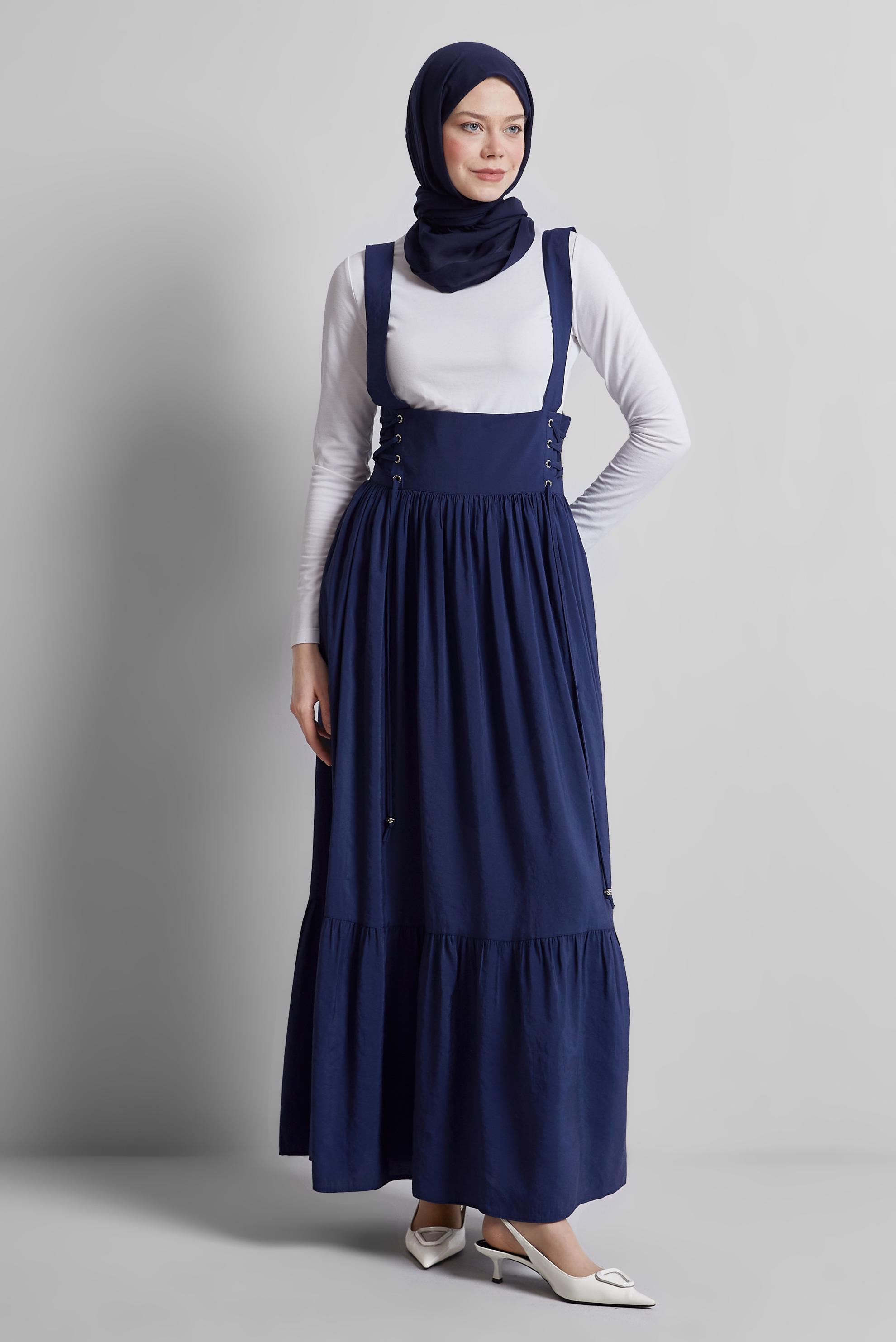 Hijab clothing NAVY BLUE PINAFORE DRESS WITH TIE DETAIL 45340