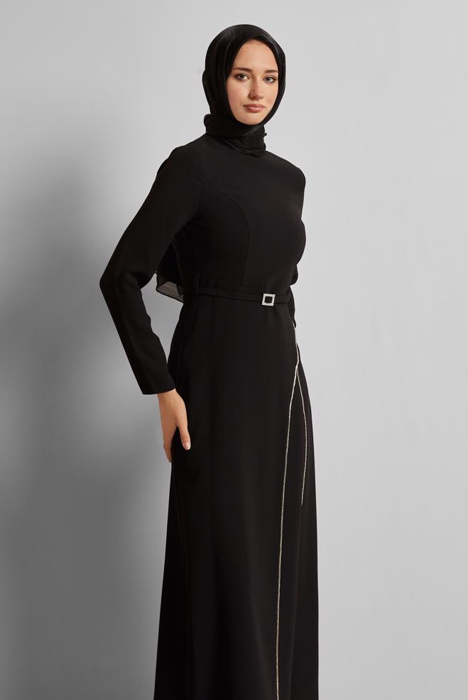 Vêtements hijab NOIR ROBE CEINTURÉE 45353 - ALVİNA