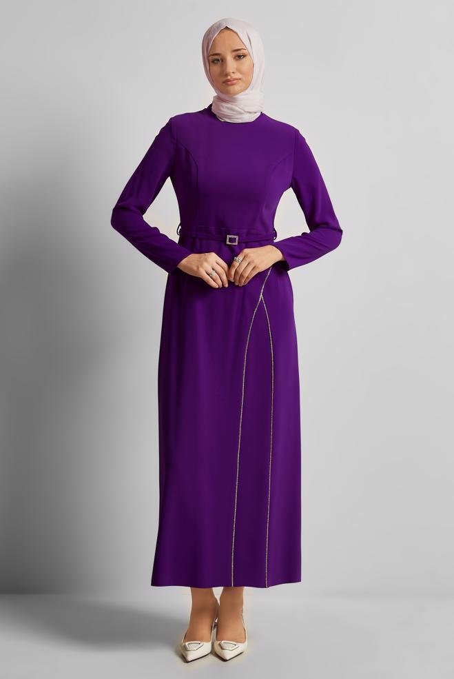 Vêtements hijab POURPRE ROBE CEINTURÉE 45353 - ALVİNA