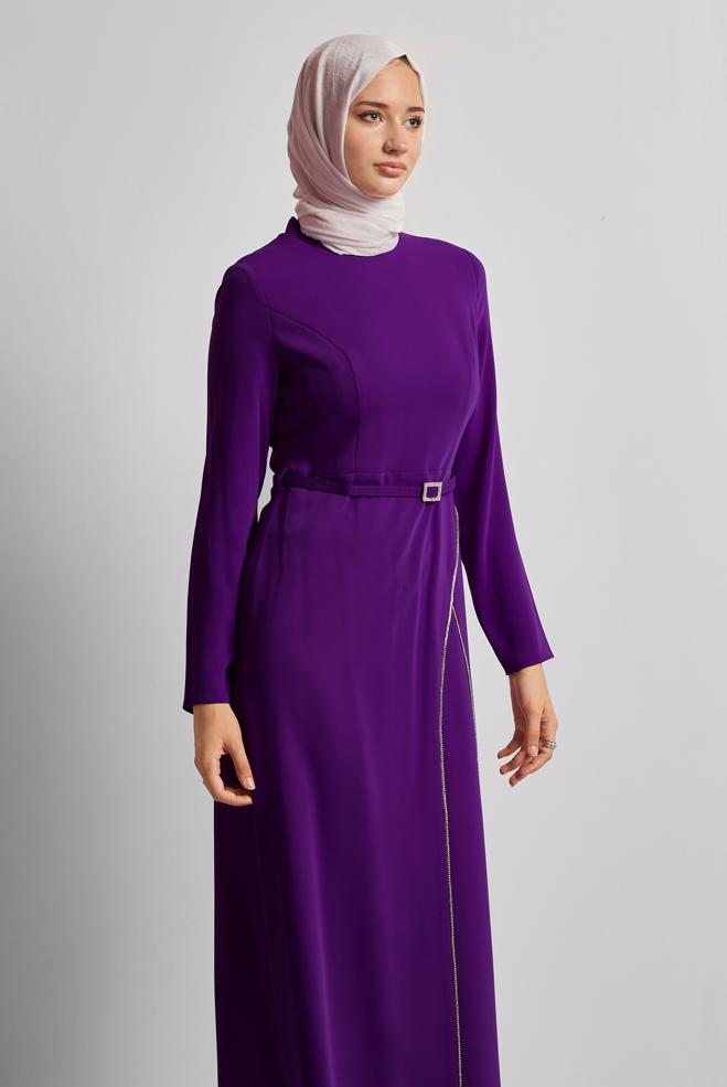 Vêtements hijab POURPRE ROBE CEINTURÉE 45353 - ALVİNA