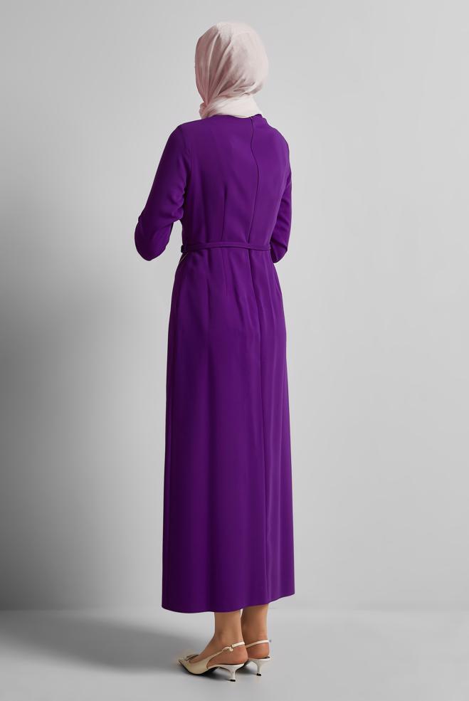 Vêtements hijab POURPRE ROBE CEINTURÉE 45353 - ALVİNA