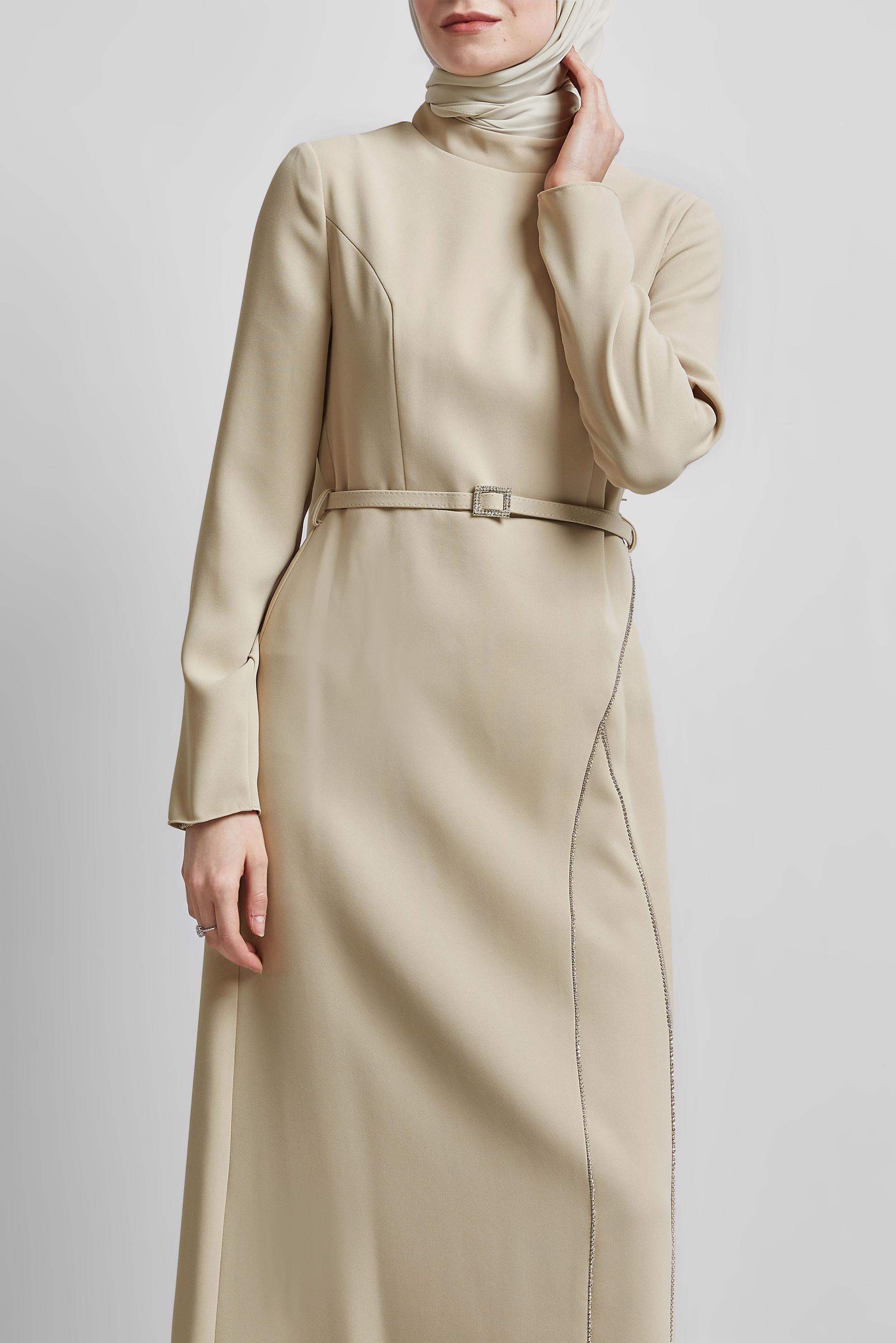 Tesettür giyim BEJ KEMERLİ ELBİSE 45353