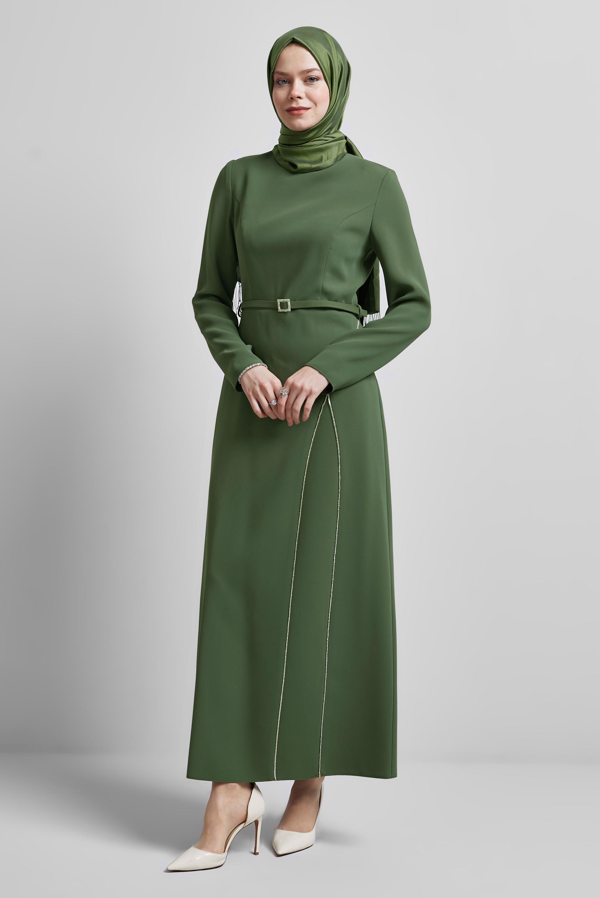 Tesettür giyim HAKİ KEMERLİ ELBİSE 45353