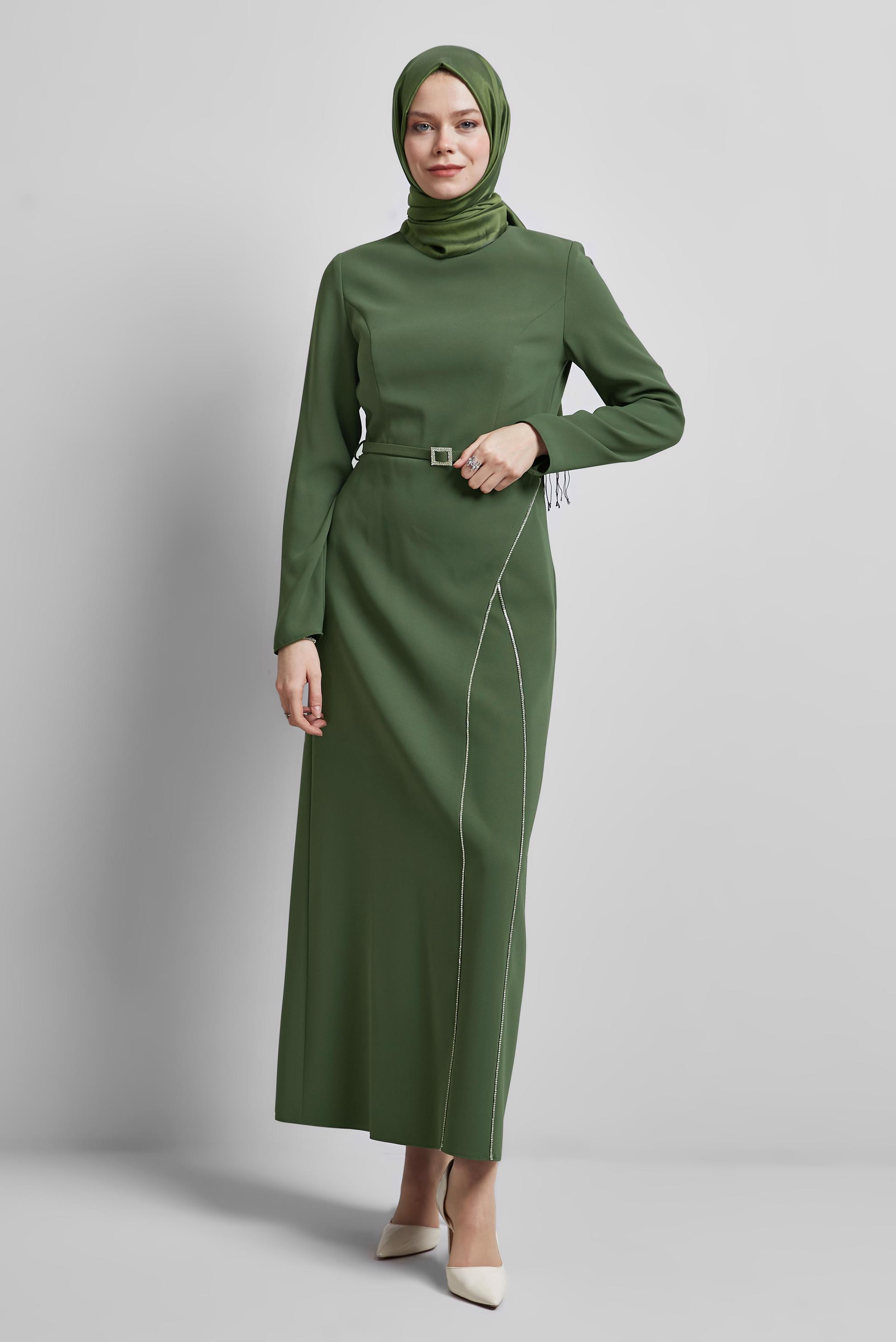 Tesettür giyim HAKİ KEMERLİ ELBİSE 45353