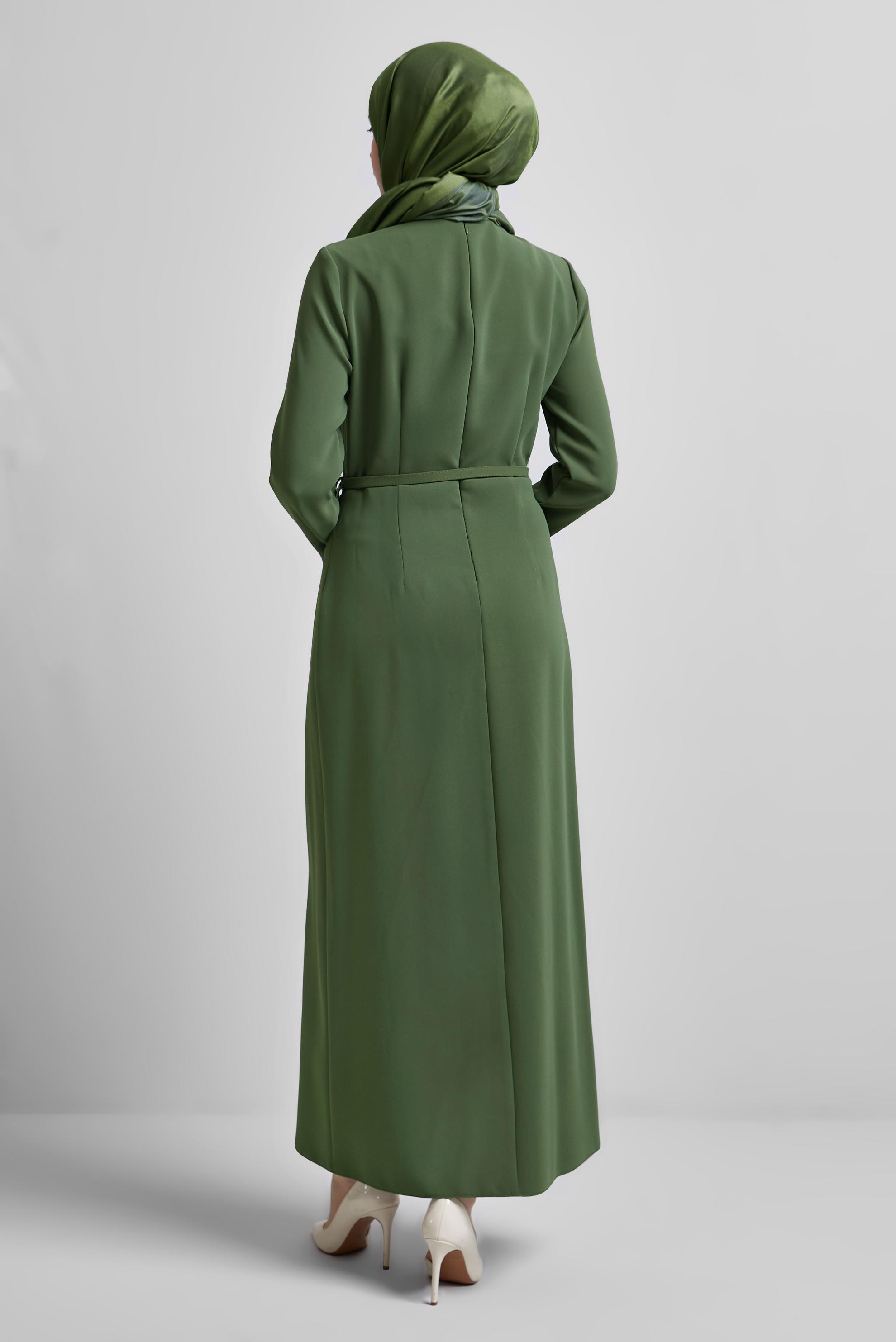 Tesettür giyim HAKİ KEMERLİ ELBİSE 45353