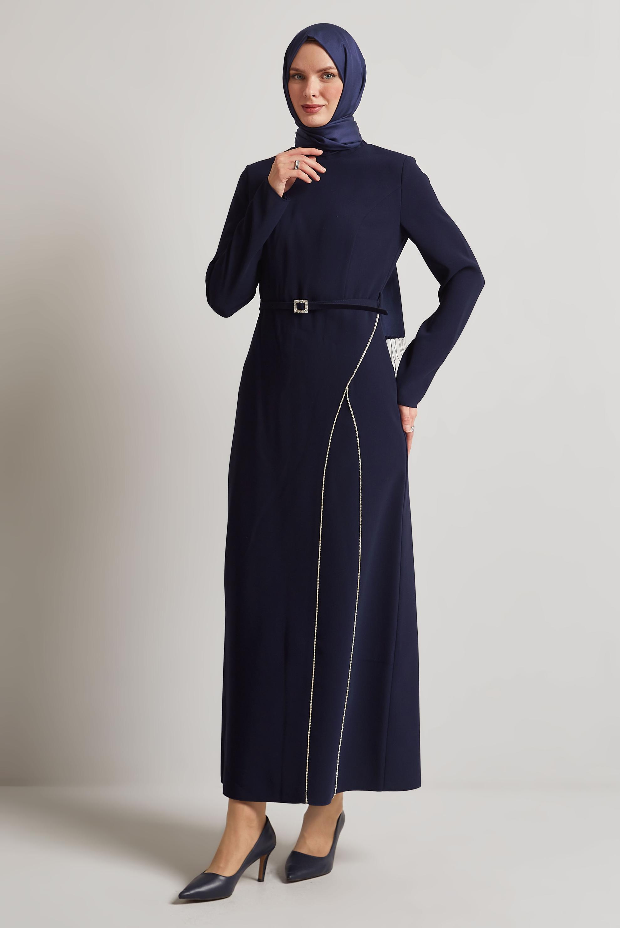Tesettür giyim LACİVERT KEMERLİ ELBİSE 45353