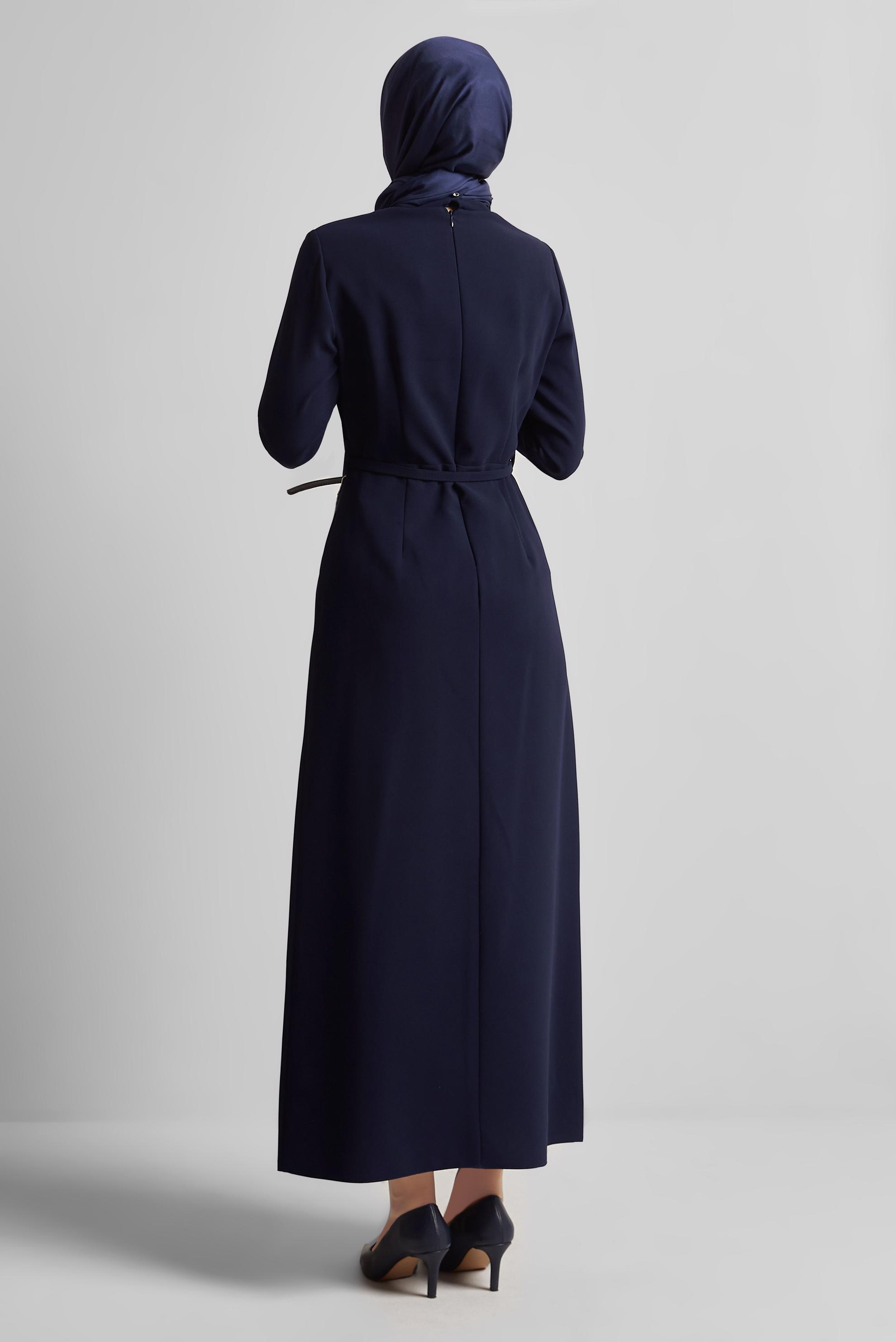 Tesettür giyim LACİVERT KEMERLİ ELBİSE 45353