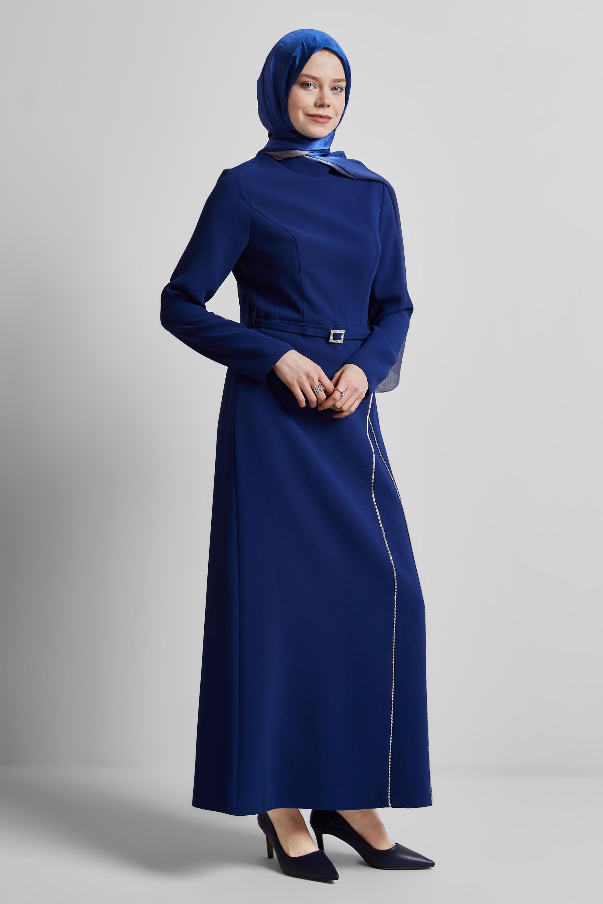 Tesettür giyim MAVİ KEMERLİ ELBİSE 45353