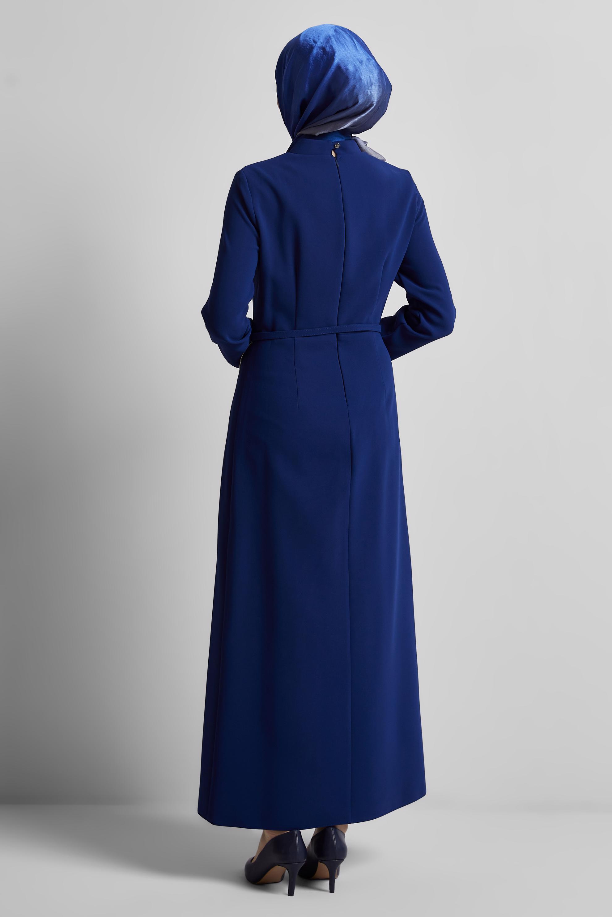 Tesettür giyim MAVİ KEMERLİ ELBİSE 45353