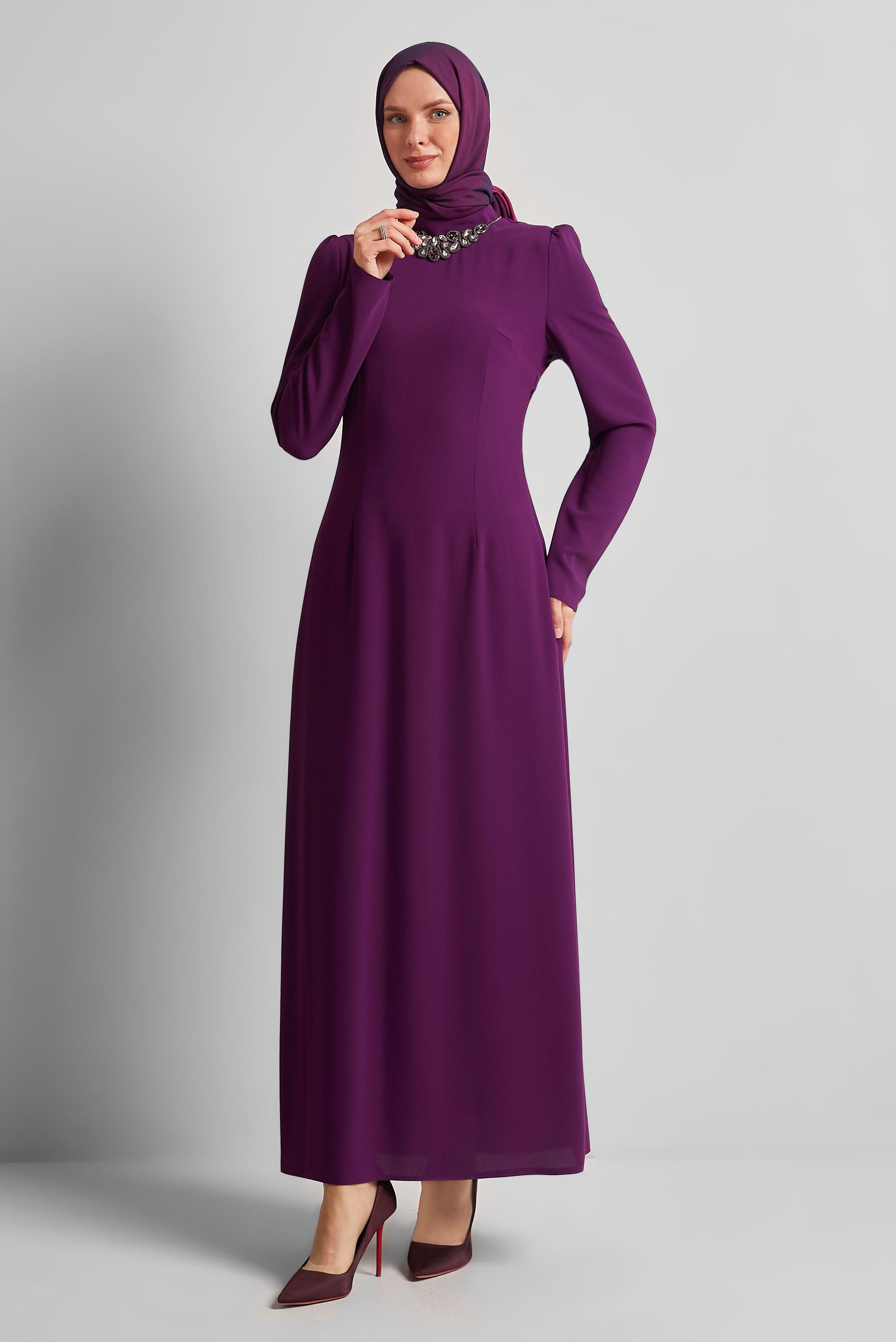 Tesettür giyim MOR TAŞ DETAYLI ELBİSE 45355