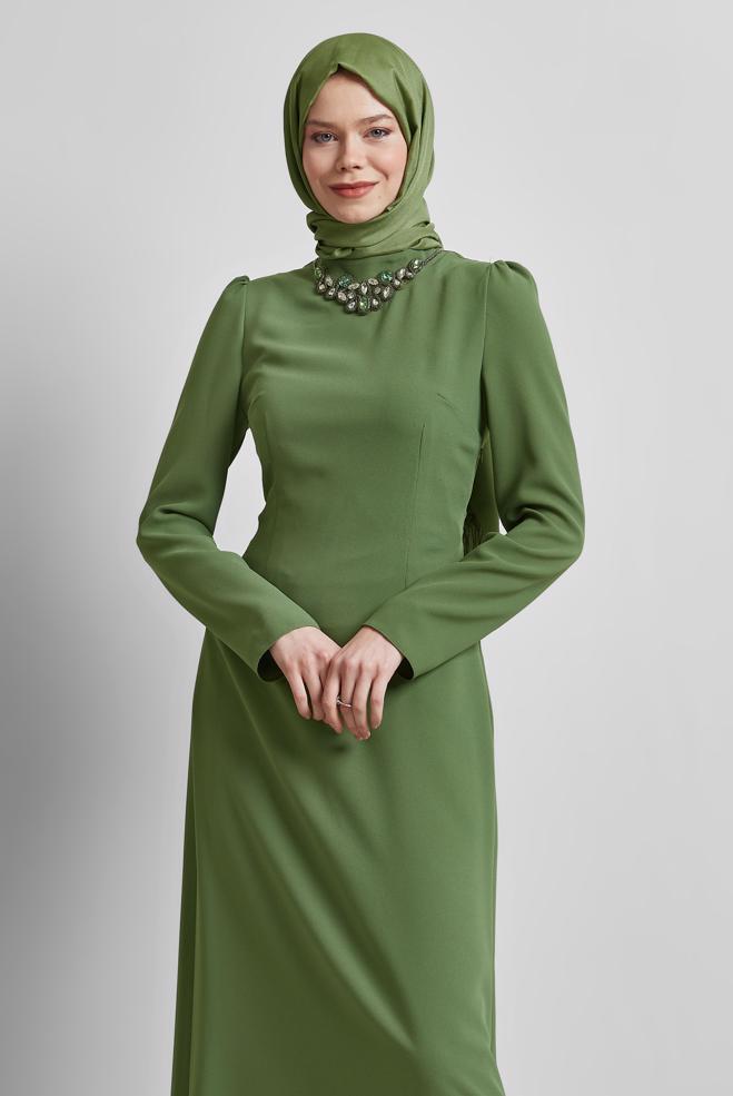 Hijab-Kleidung KHAKI KLEID MIT EDELSTICKSTICK 45355 - ALVİNA