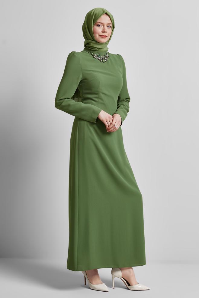 Hijab-Kleidung KHAKI KLEID MIT EDELSTICKSTICK 45355 - ALVİNA