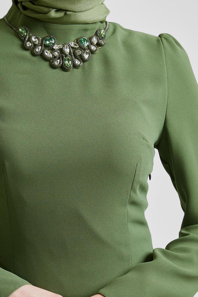 Hijab-Kleidung KHAKI KLEID MIT EDELSTICKSTICK 45355 - ALVİNA