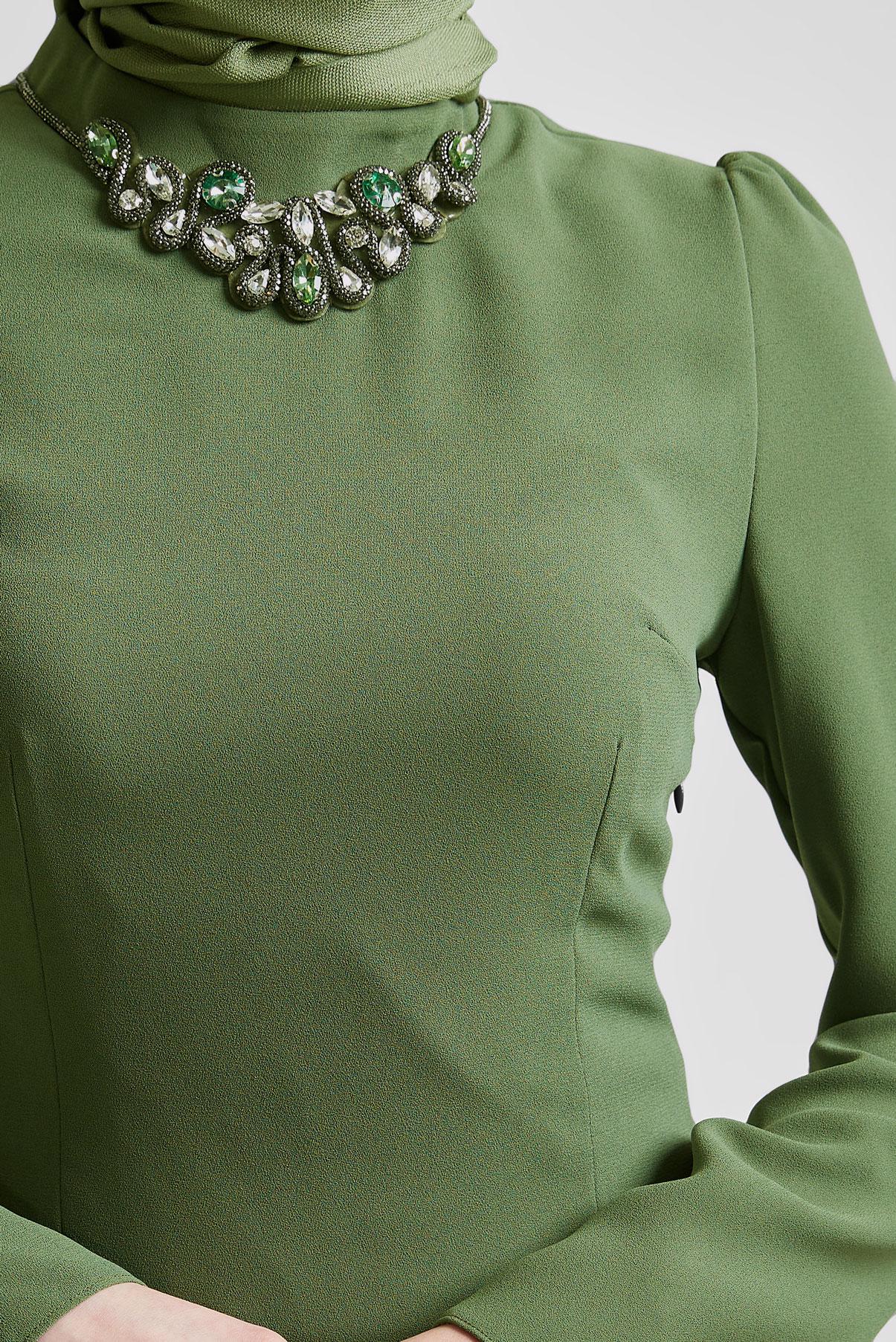 Tesettür giyim HAKİ TAŞ DETAYLI ELBİSE 45355