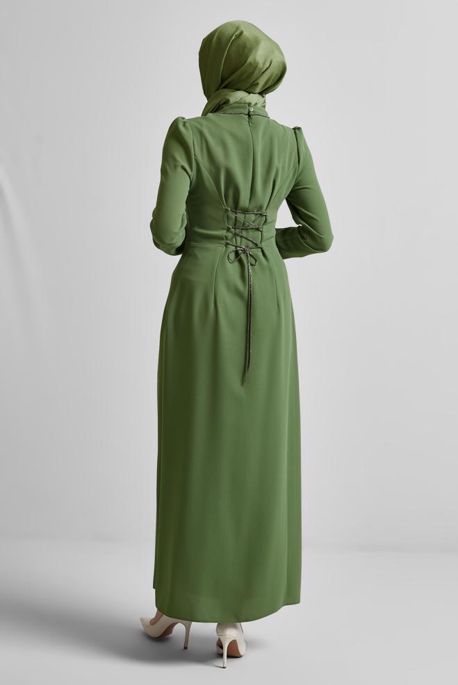 Hijab-Kleidung KHAKI KLEID MIT EDELSTICKSTICK 45355 - ALVİNA