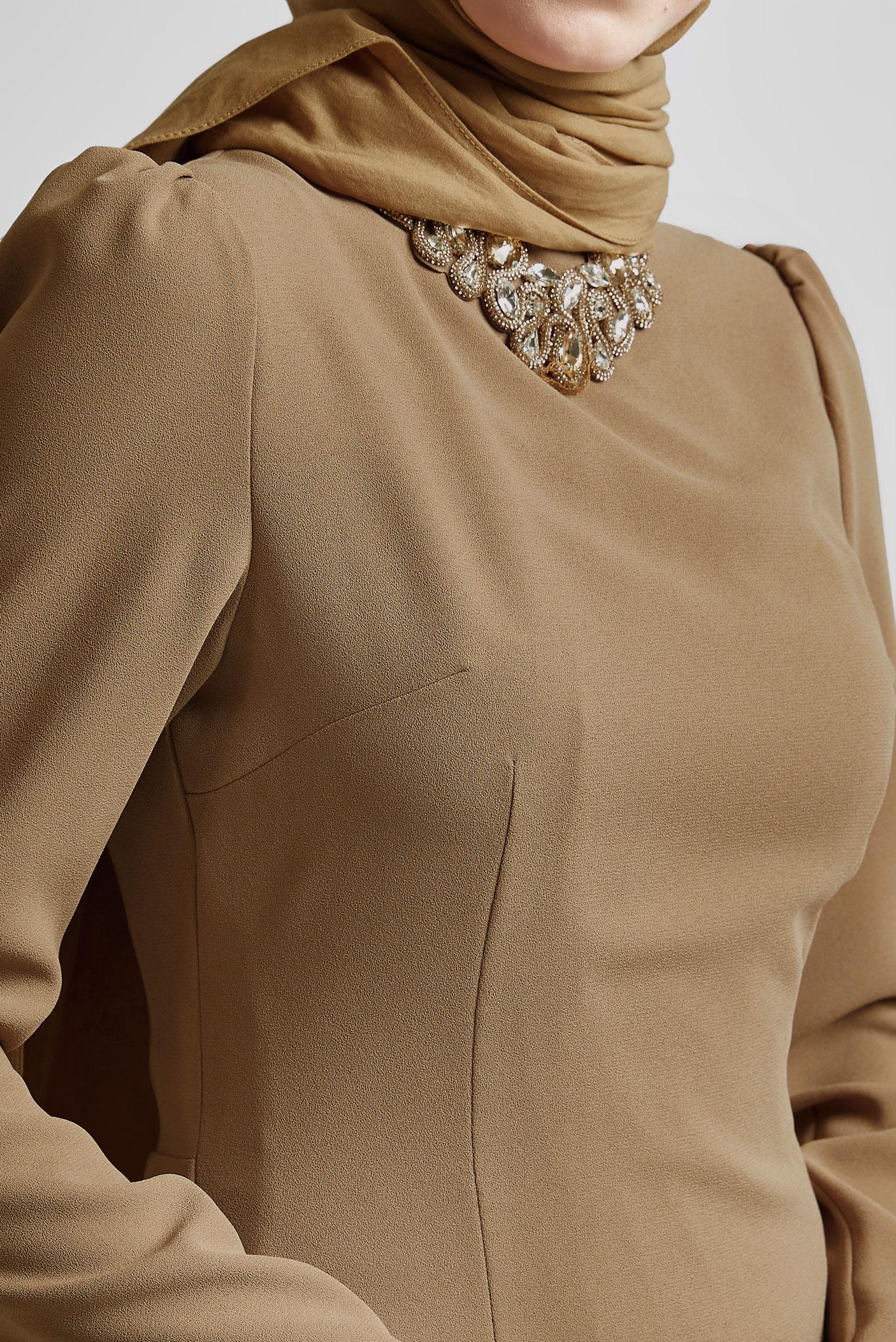 Tesettür giyim KAHVE TAŞ DETAYLI ELBİSE 45355