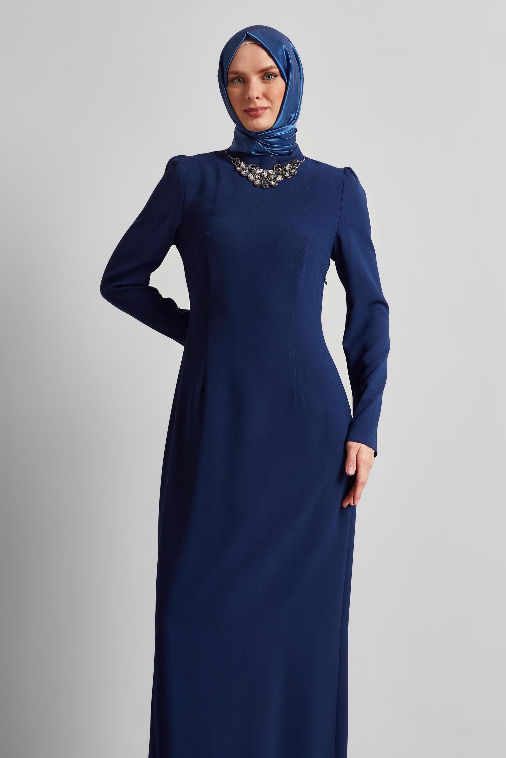 Tesettür giyim LACİVERT TAŞ DETAYLI ELBİSE 45355
