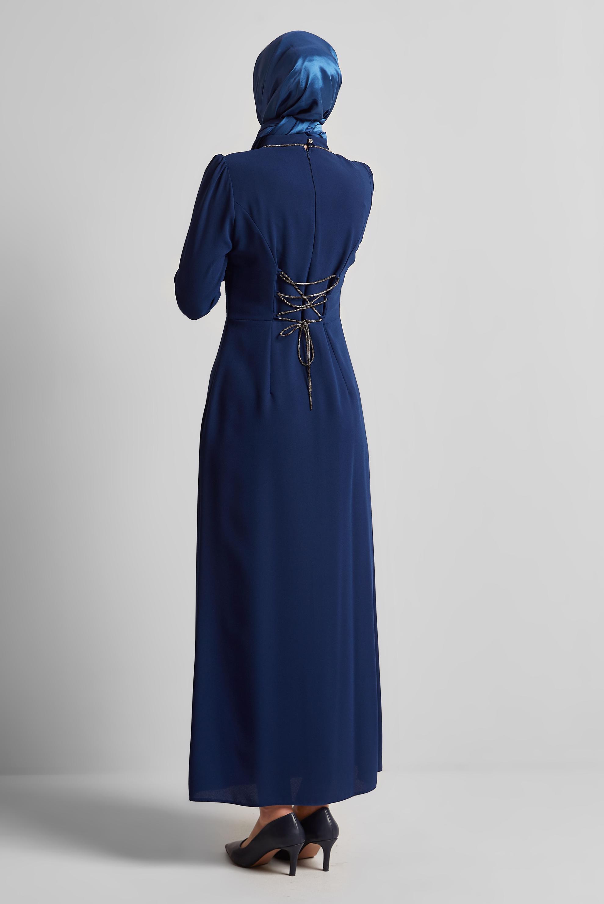 Tesettür giyim LACİVERT TAŞ DETAYLI ELBİSE 45355