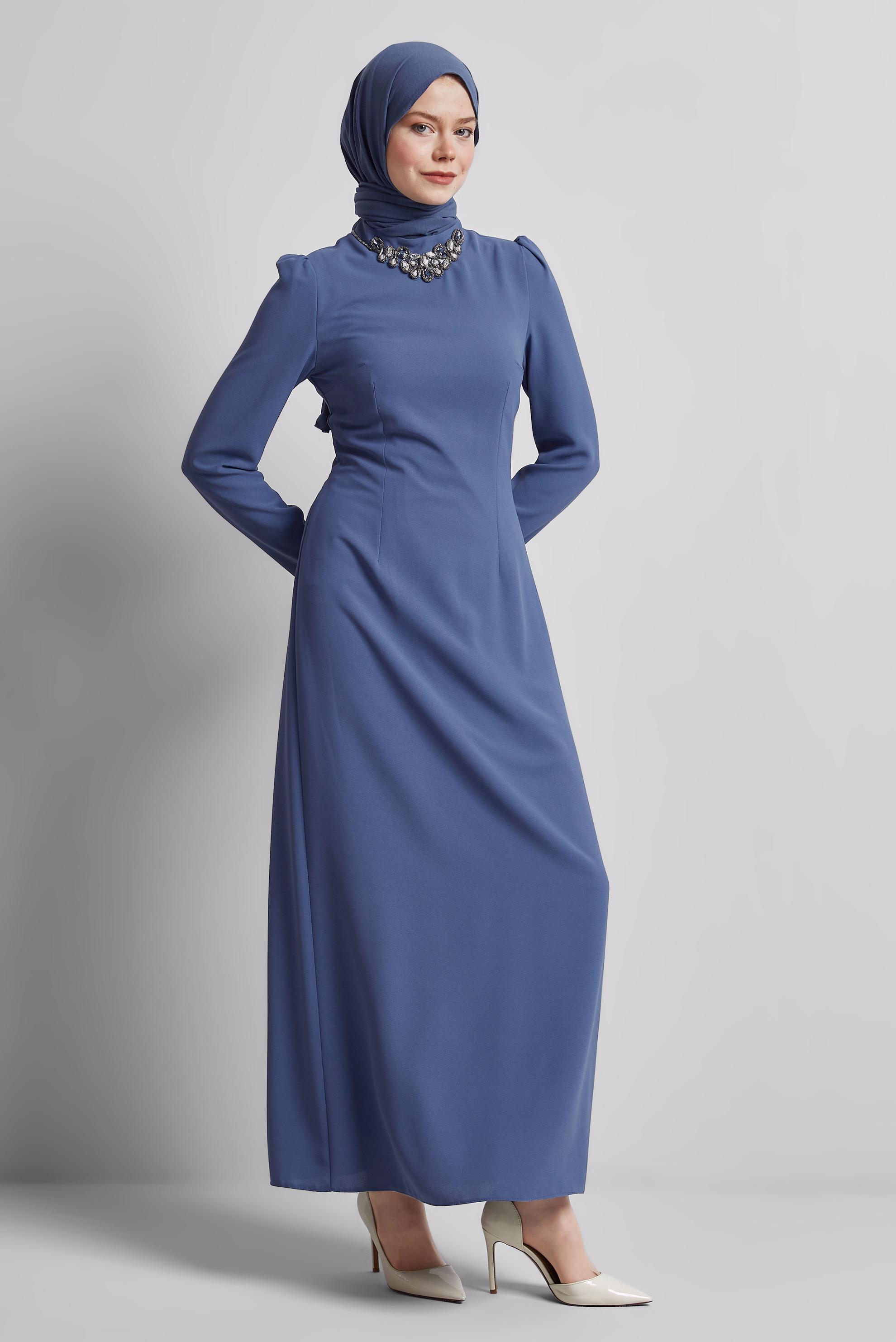 Tesettür giyim LACİVERT TAŞ DETAYLI ELBİSE 45355