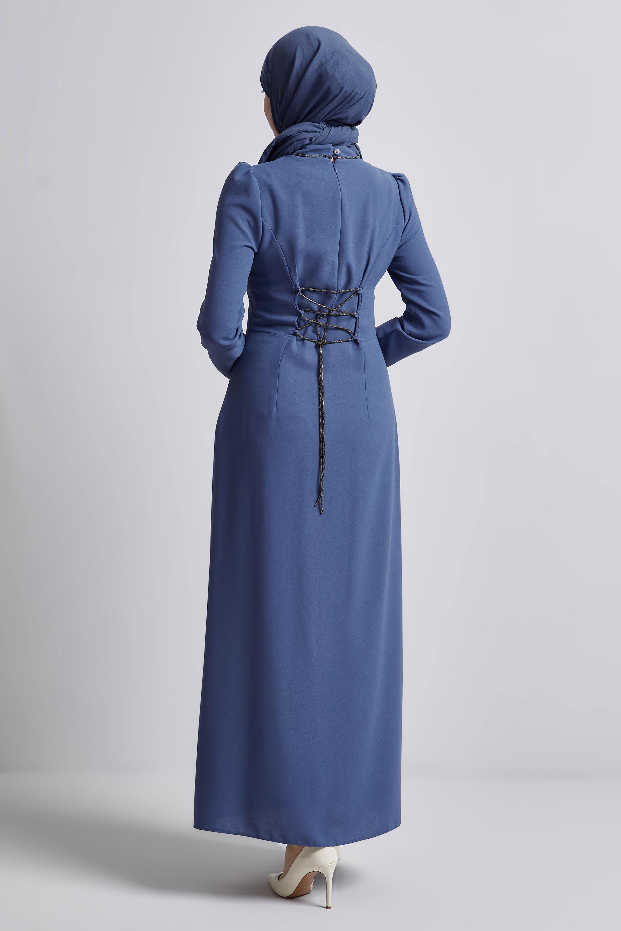 Tesettür giyim LACİVERT TAŞ DETAYLI ELBİSE 45355