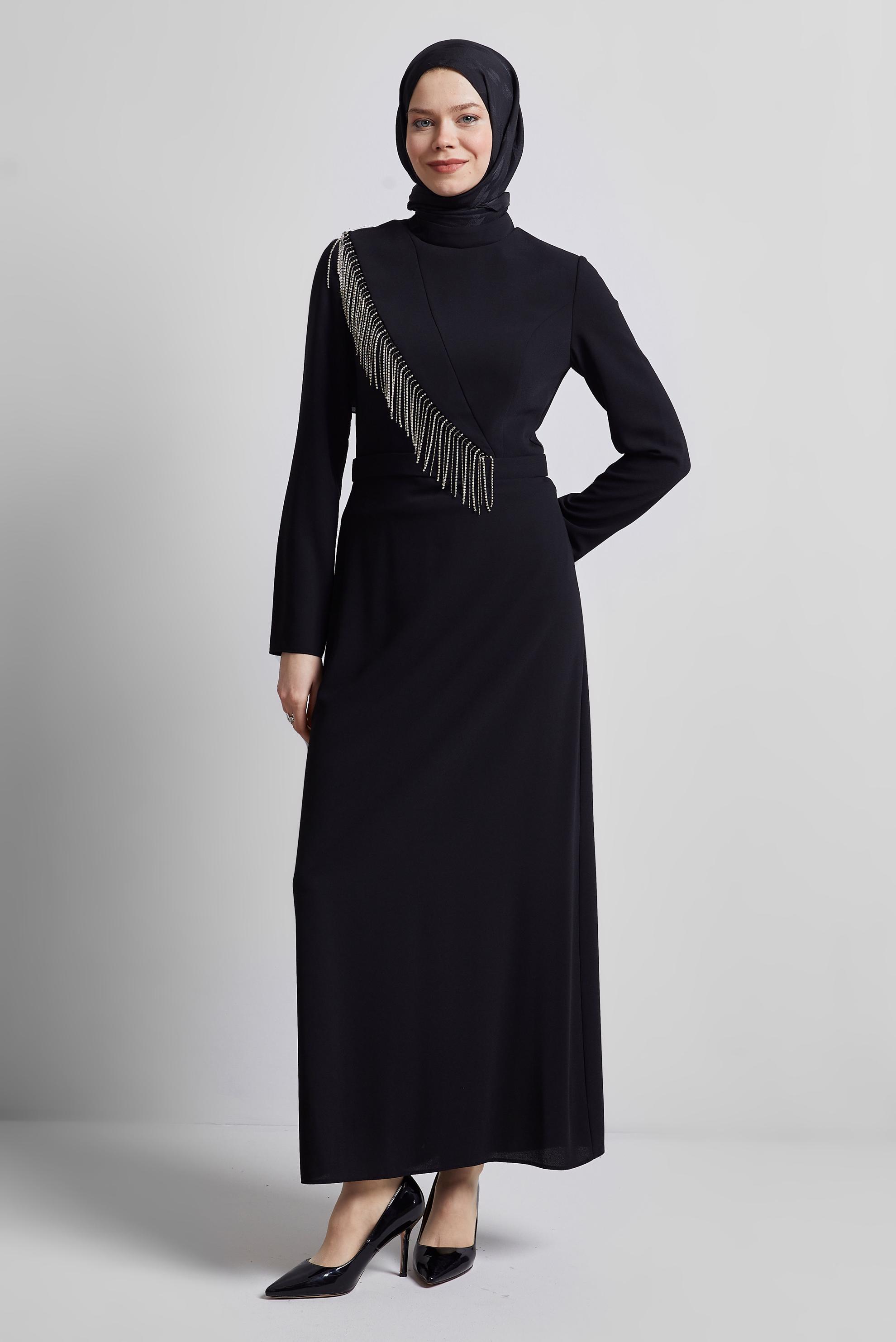 Tesettür giyim SİYAH TAŞ DETAYLI ELBİSE 45356