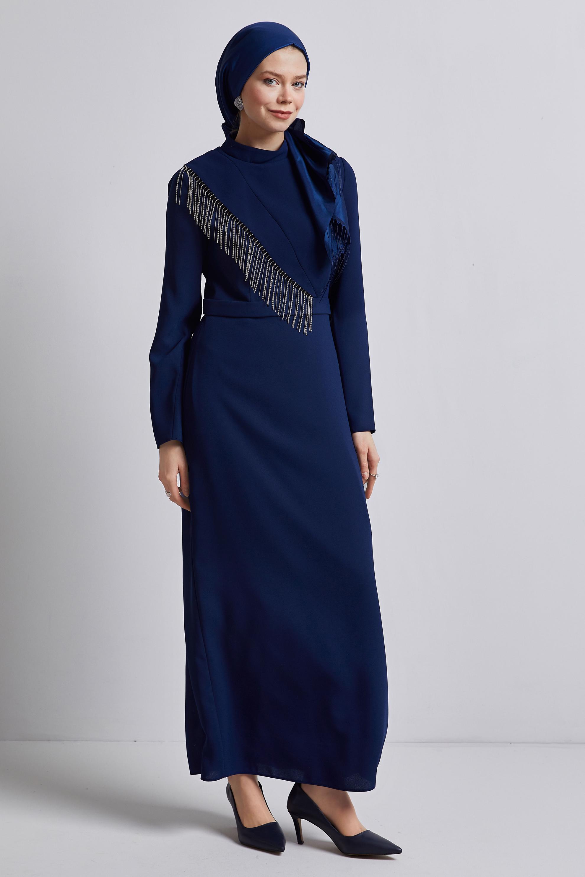 Tesettür giyim LACİVERT TAŞ DETAYLI ELBİSE 45356
