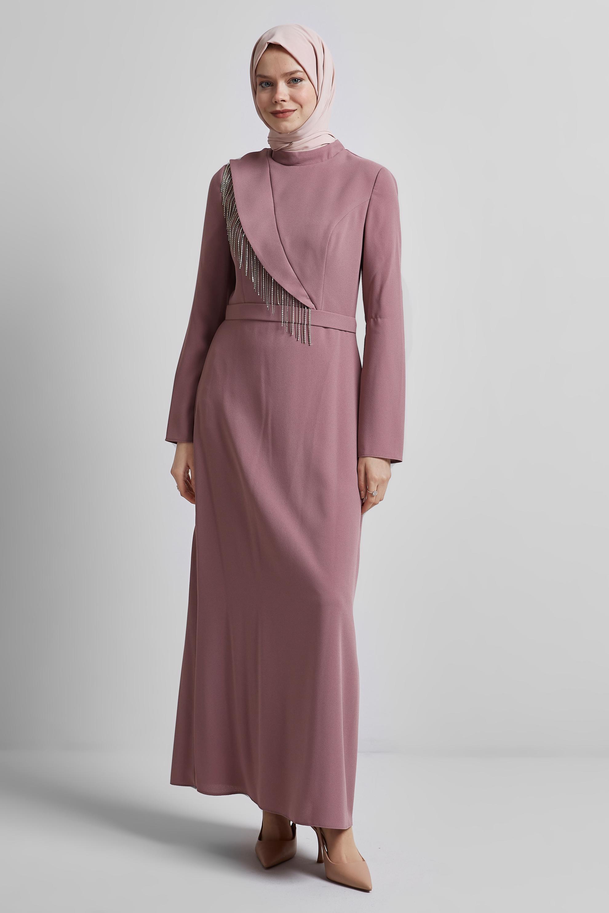 Tesettür giyim PUDRA TAŞ DETAYLI ELBİSE 45356