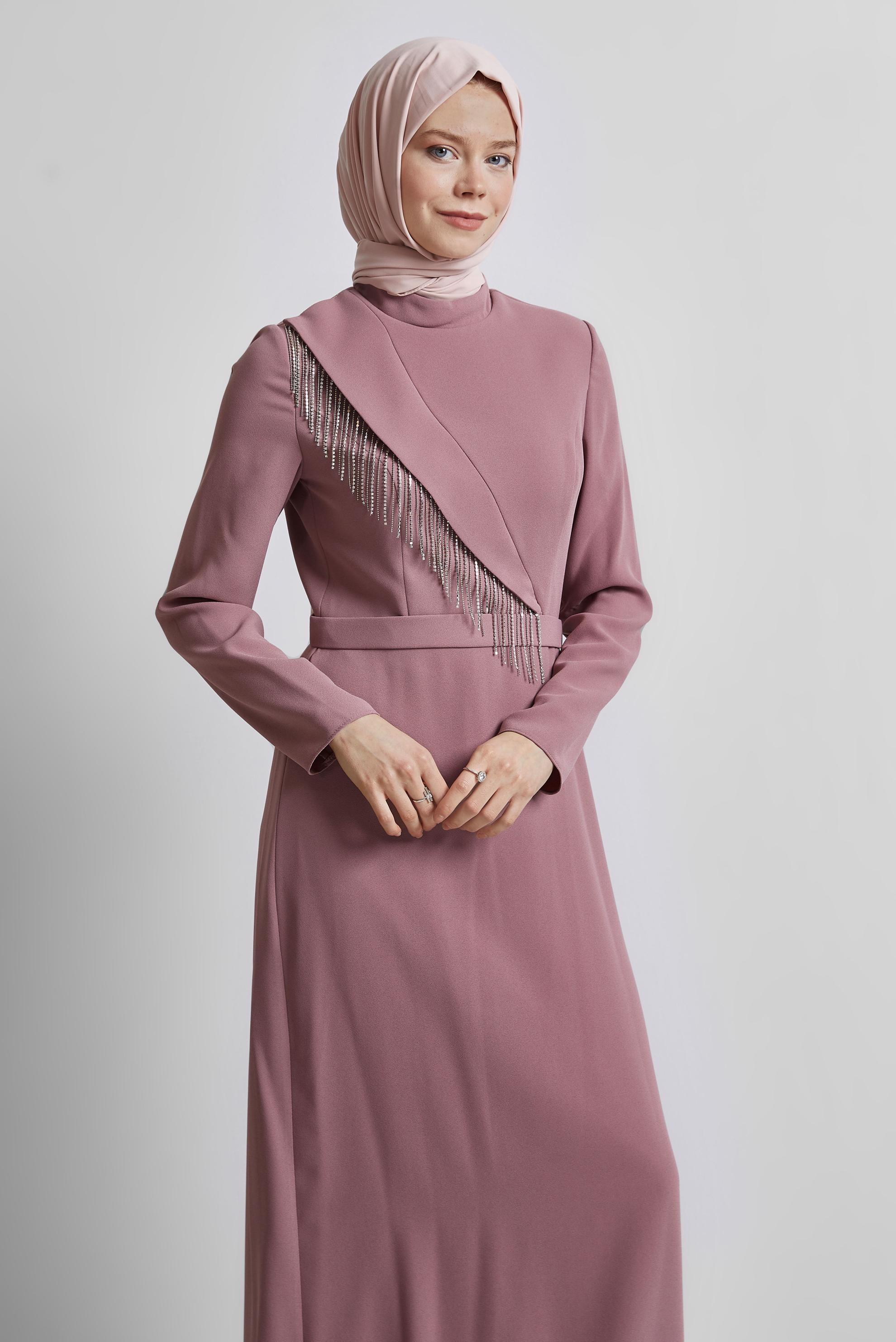 Tesettür giyim PUDRA TAŞ DETAYLI ELBİSE 45356