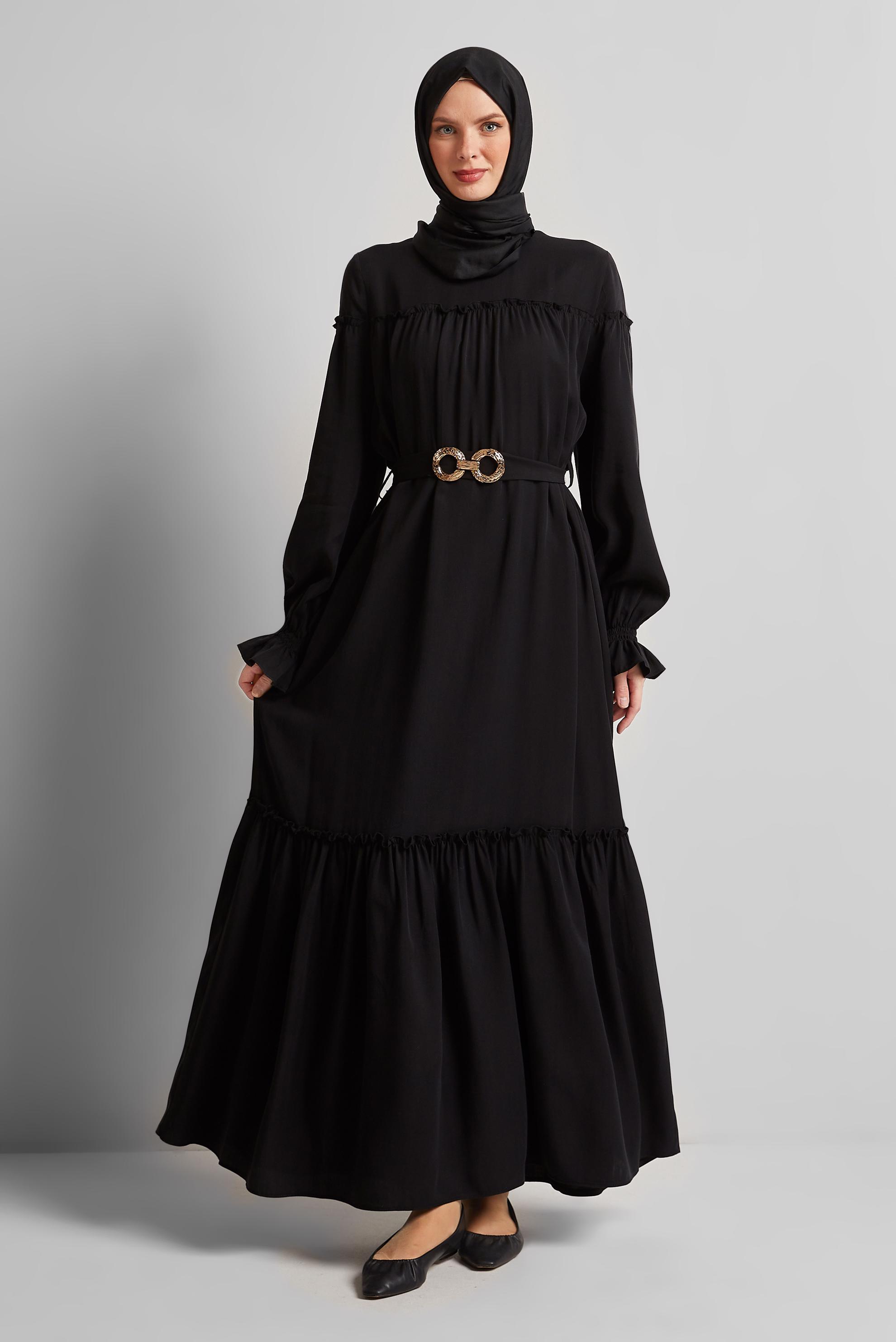 Tesettür giyim SİYAH KEMERLİ ELBİSE 45363