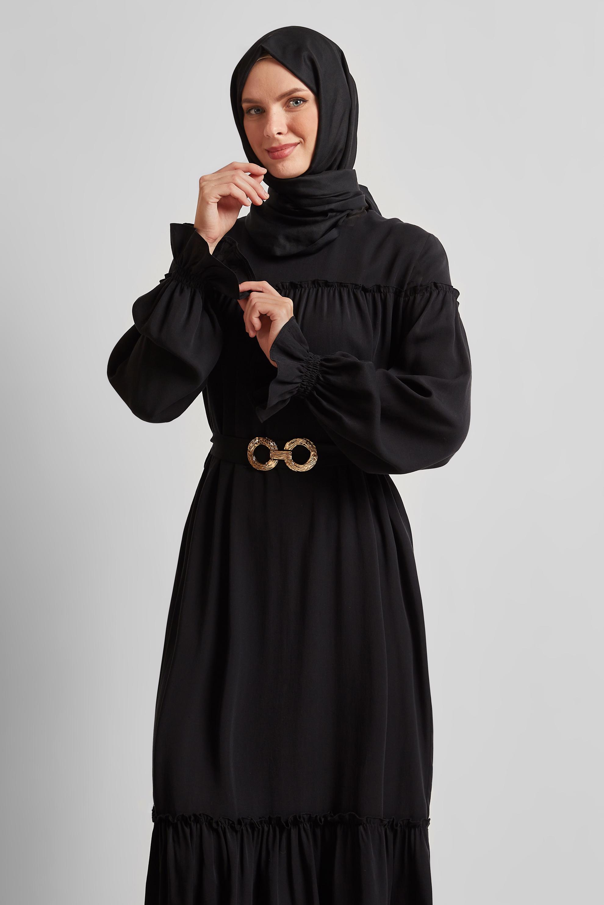 Tesettür giyim SİYAH KEMERLİ ELBİSE 45363