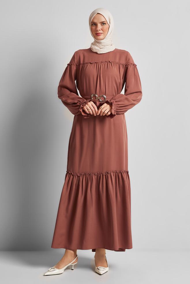 Hijab-Kleidung ORANGE KLEID MIT GÜRTEL 45363 - ALVİNA