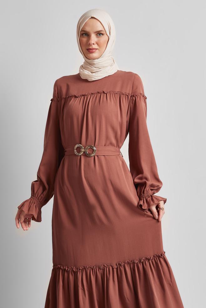 Hijab-Kleidung ORANGE KLEID MIT GÜRTEL 45363 - ALVİNA