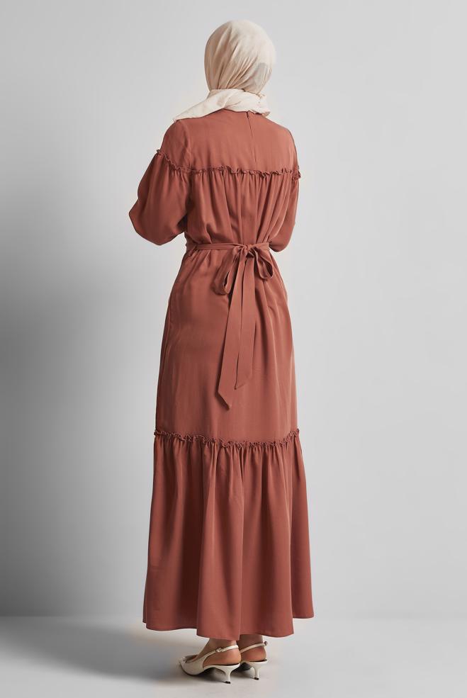 Hijab-Kleidung ORANGE KLEID MIT GÜRTEL 45363 - ALVİNA