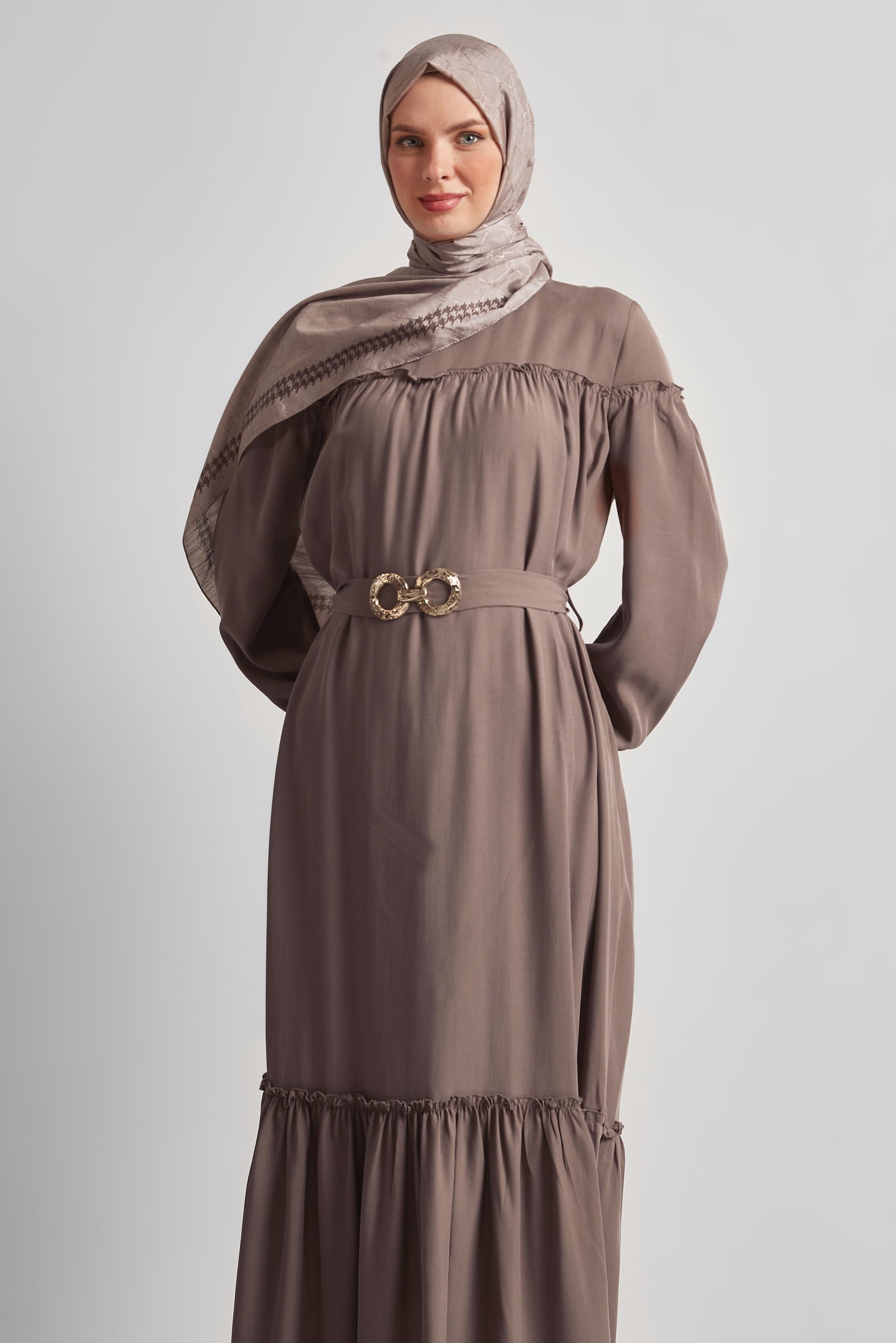 Tesettür giyim VİZON KEMERLİ ELBİSE 45363