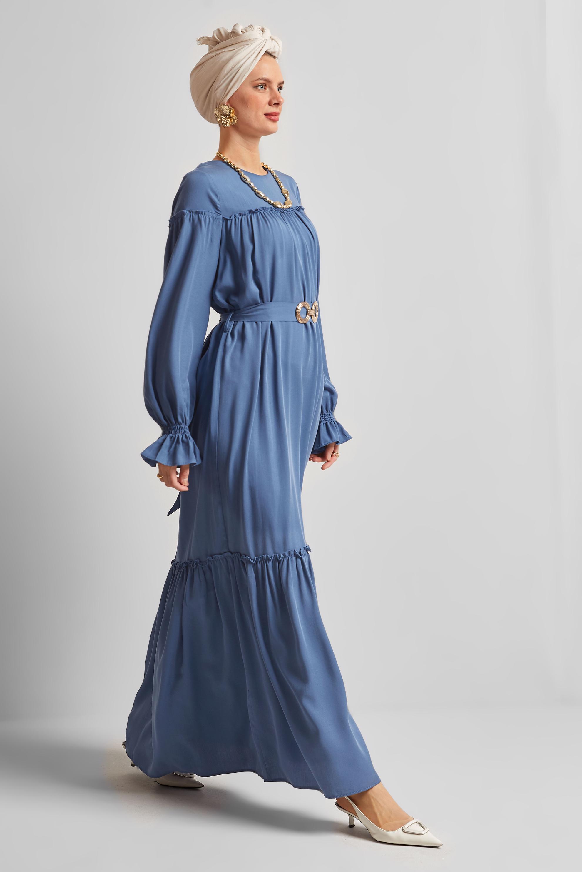 Tesettür giyim LACİVERT KEMERLİ ELBİSE 45363