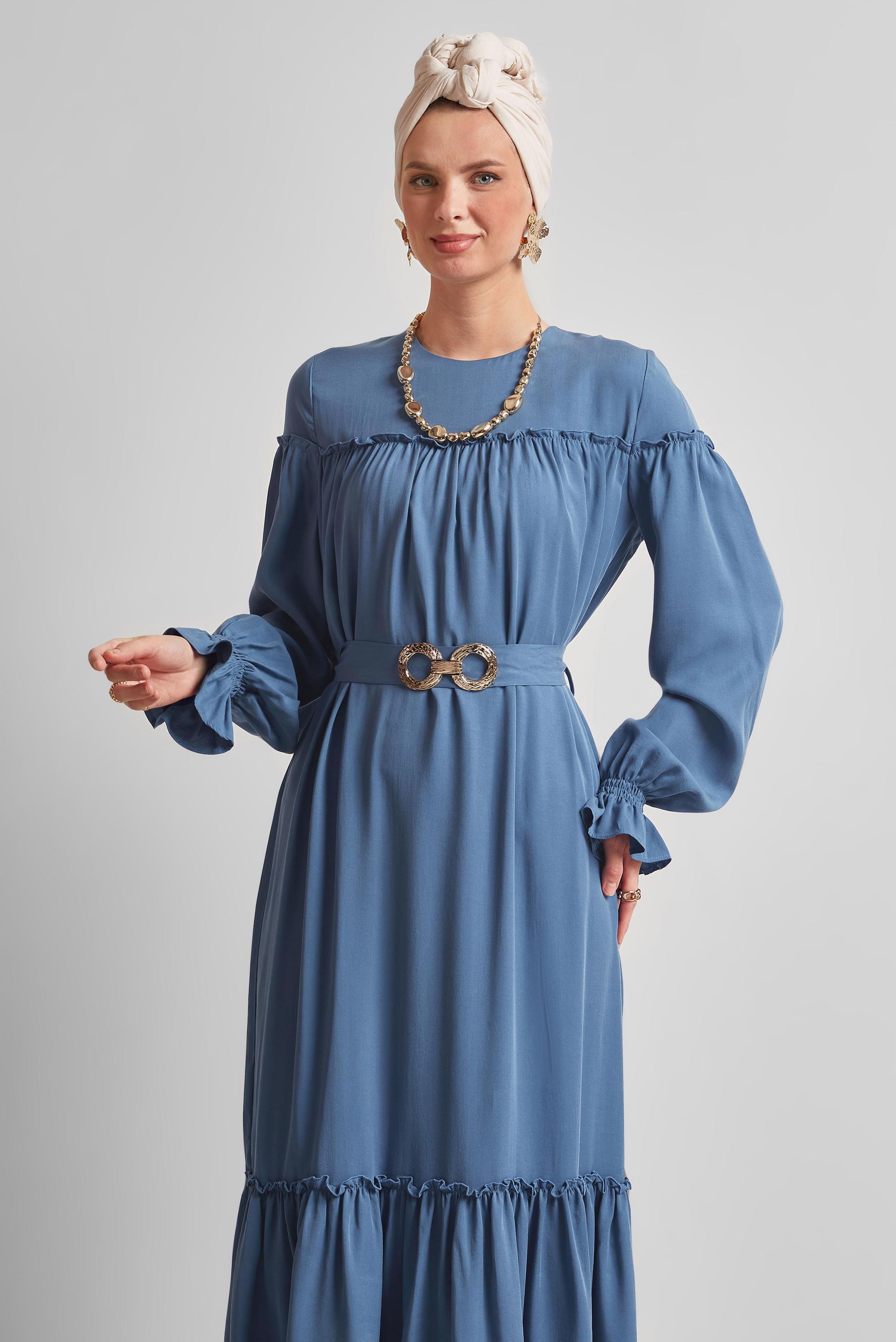 Tesettür giyim LACİVERT KEMERLİ ELBİSE 45363