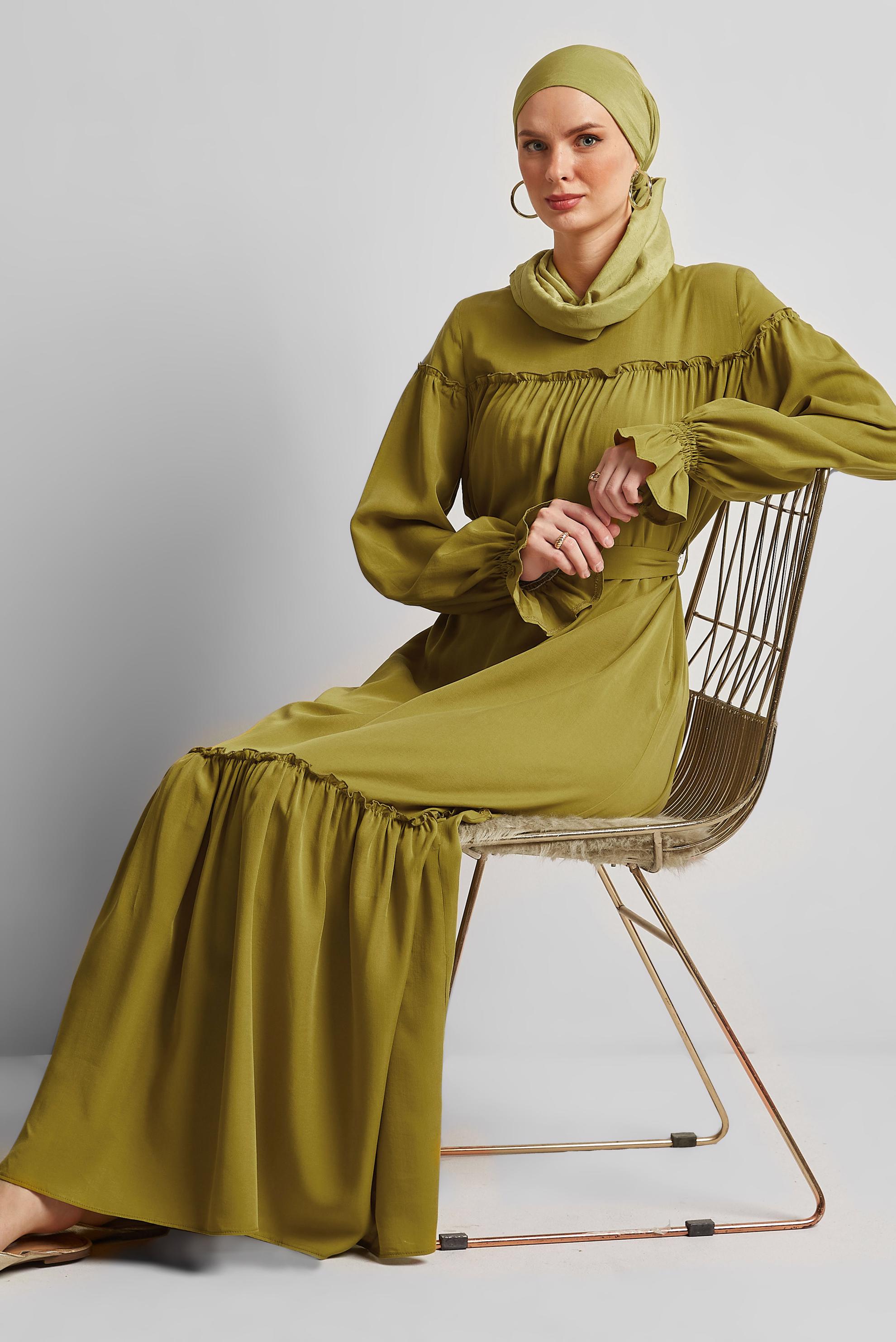 Tesettür giyim YEŞİL KEMERLİ ELBİSE 45363