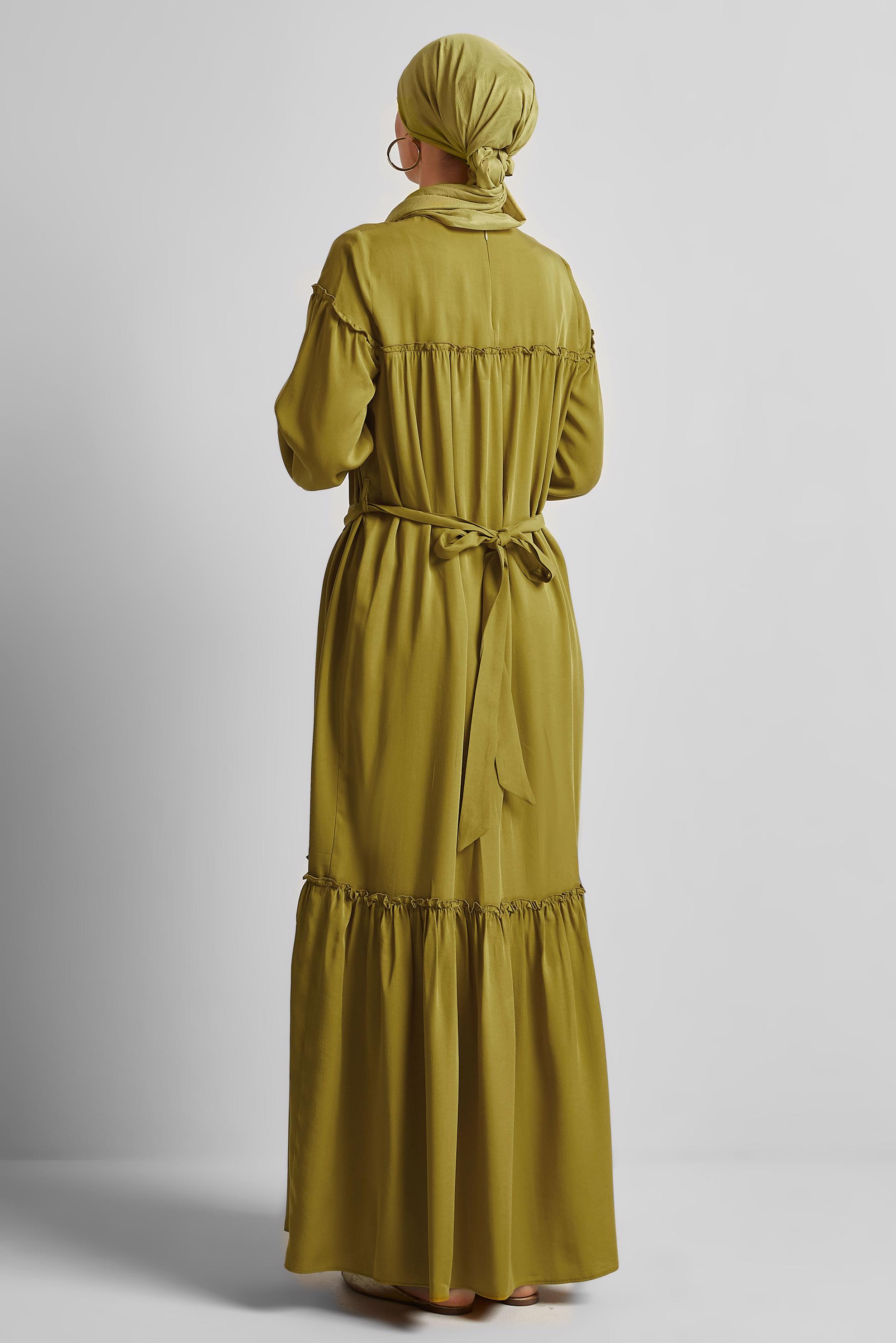 Tesettür giyim YEŞİL KEMERLİ ELBİSE 45363