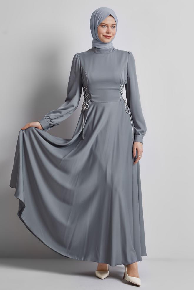 Hijab-Kleidung GRAU KLEID MIT KRAWATTENDETAIL 45365 - ALVİNA