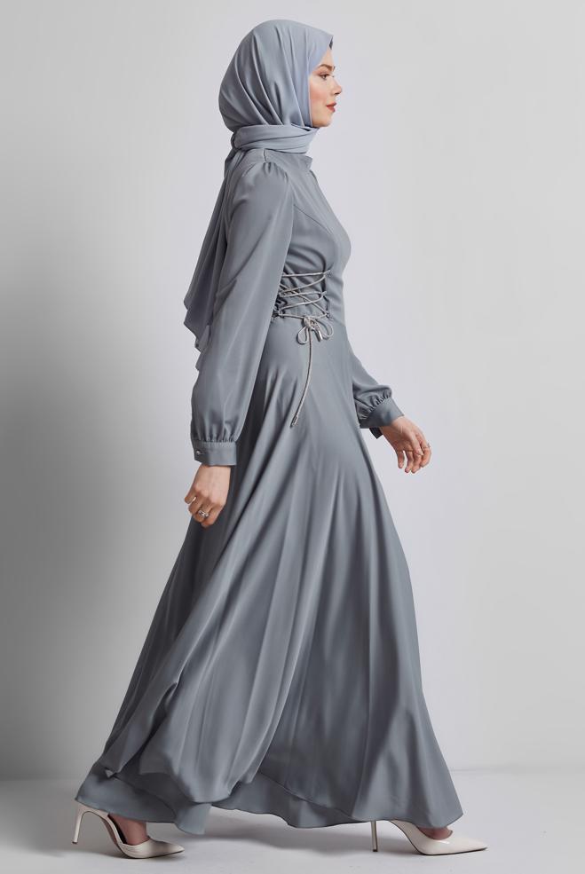 Hijab-Kleidung GRAU KLEID MIT KRAWATTENDETAIL 45365 - ALVİNA