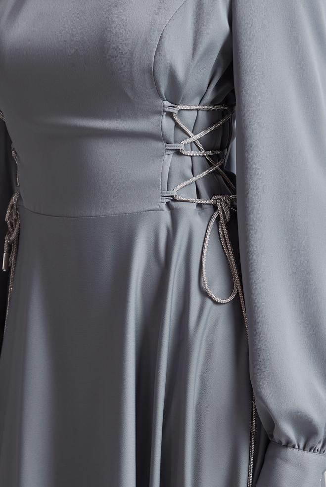 Hijab-Kleidung GRAU KLEID MIT KRAWATTENDETAIL 45365 - ALVİNA