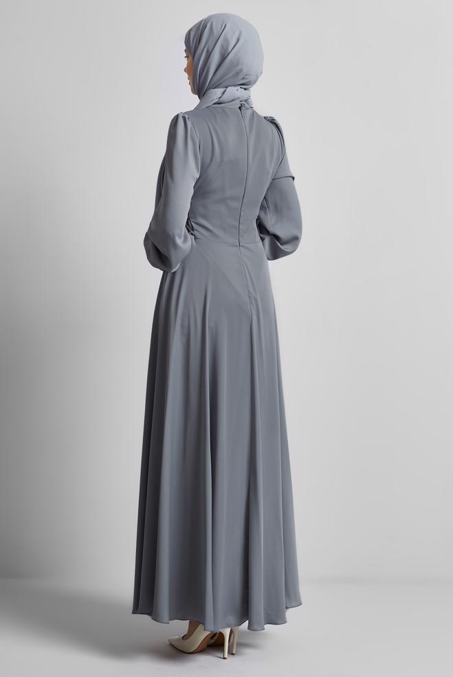 Hijab-Kleidung GRAU KLEID MIT KRAWATTENDETAIL 45365 - ALVİNA