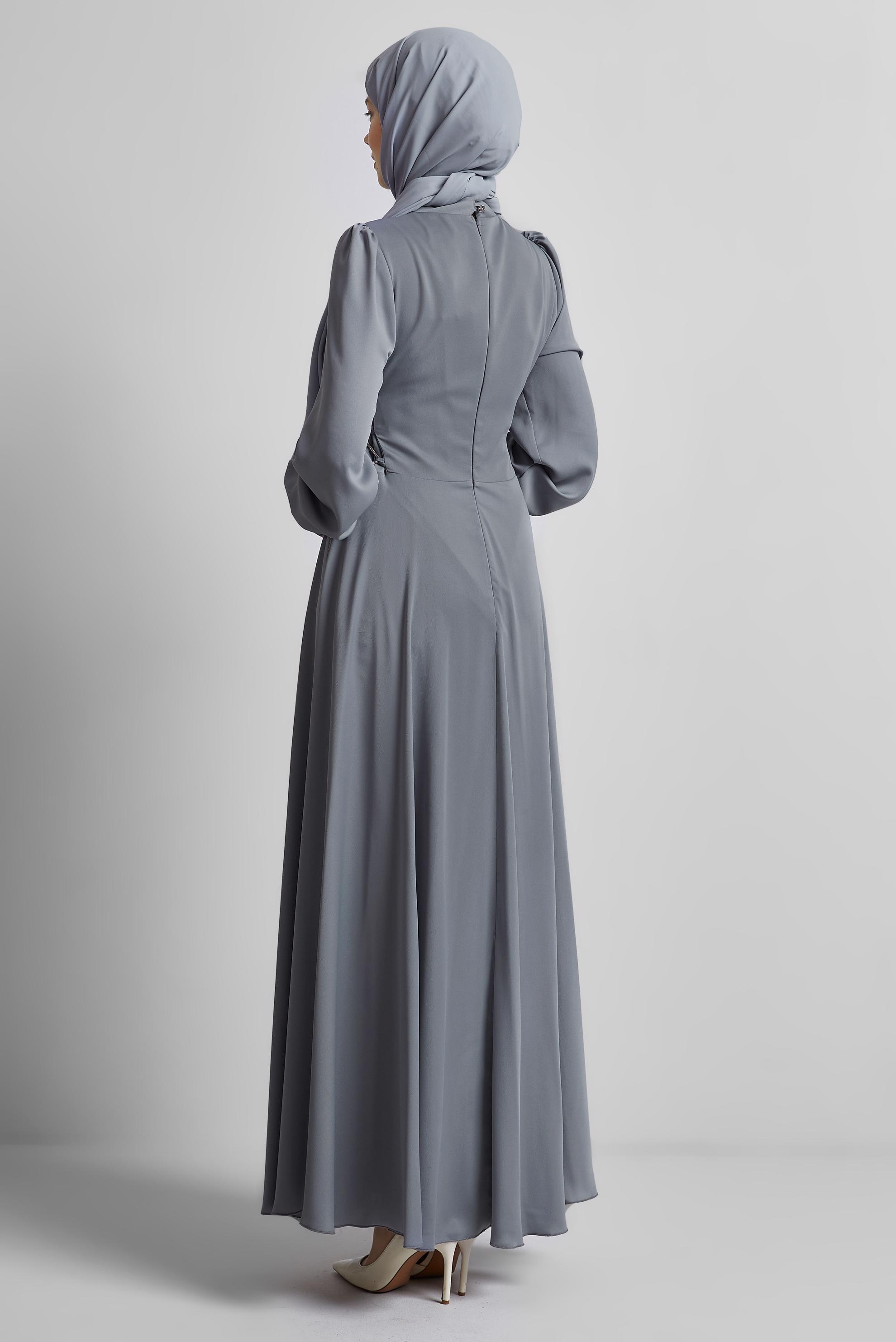 Tesettür giyim GRİ BAĞLAMA DETAYLI ELBİSE 45365