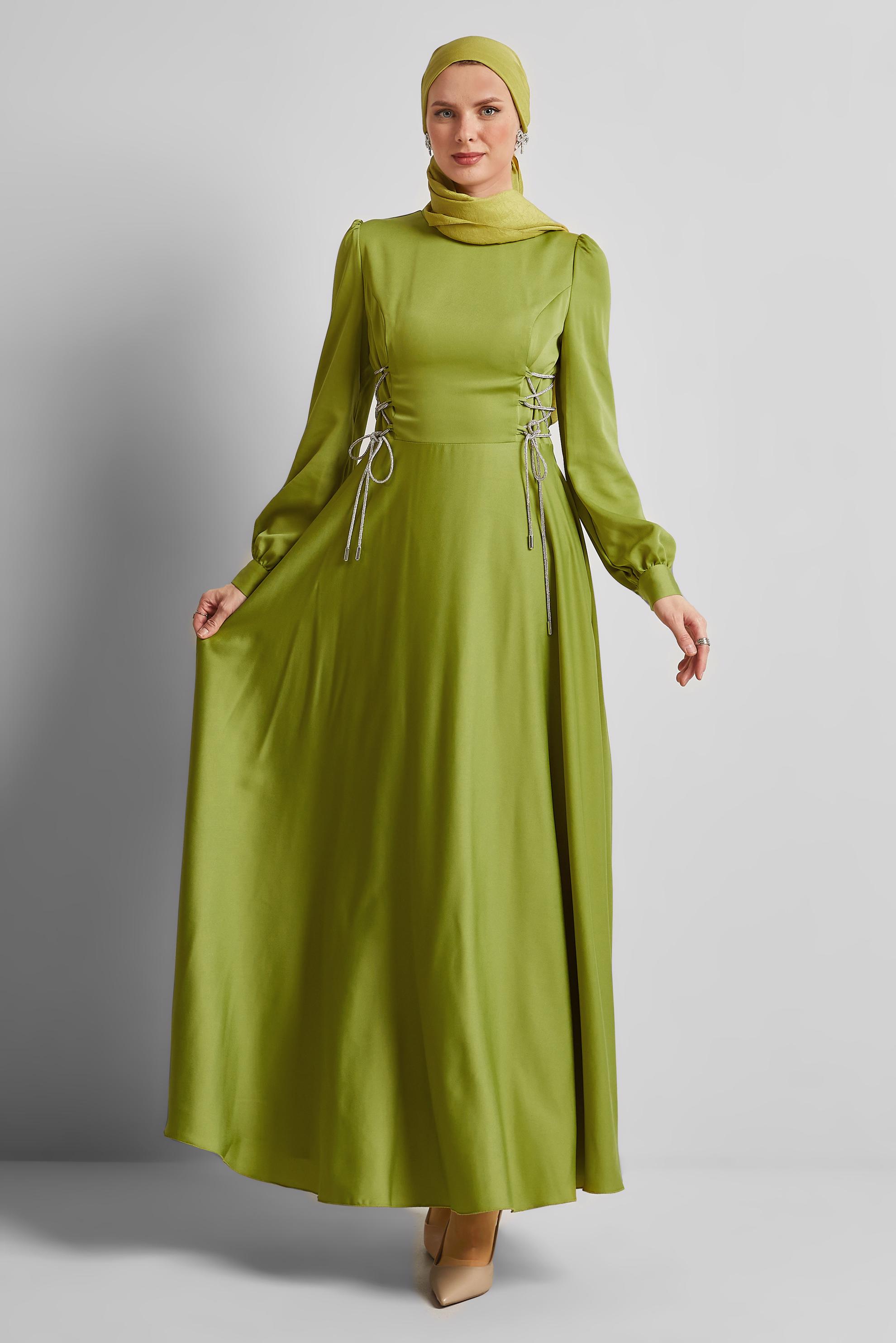 Tesettür giyim YEŞİL BAĞLAMA DETAYLI ELBİSE 45365