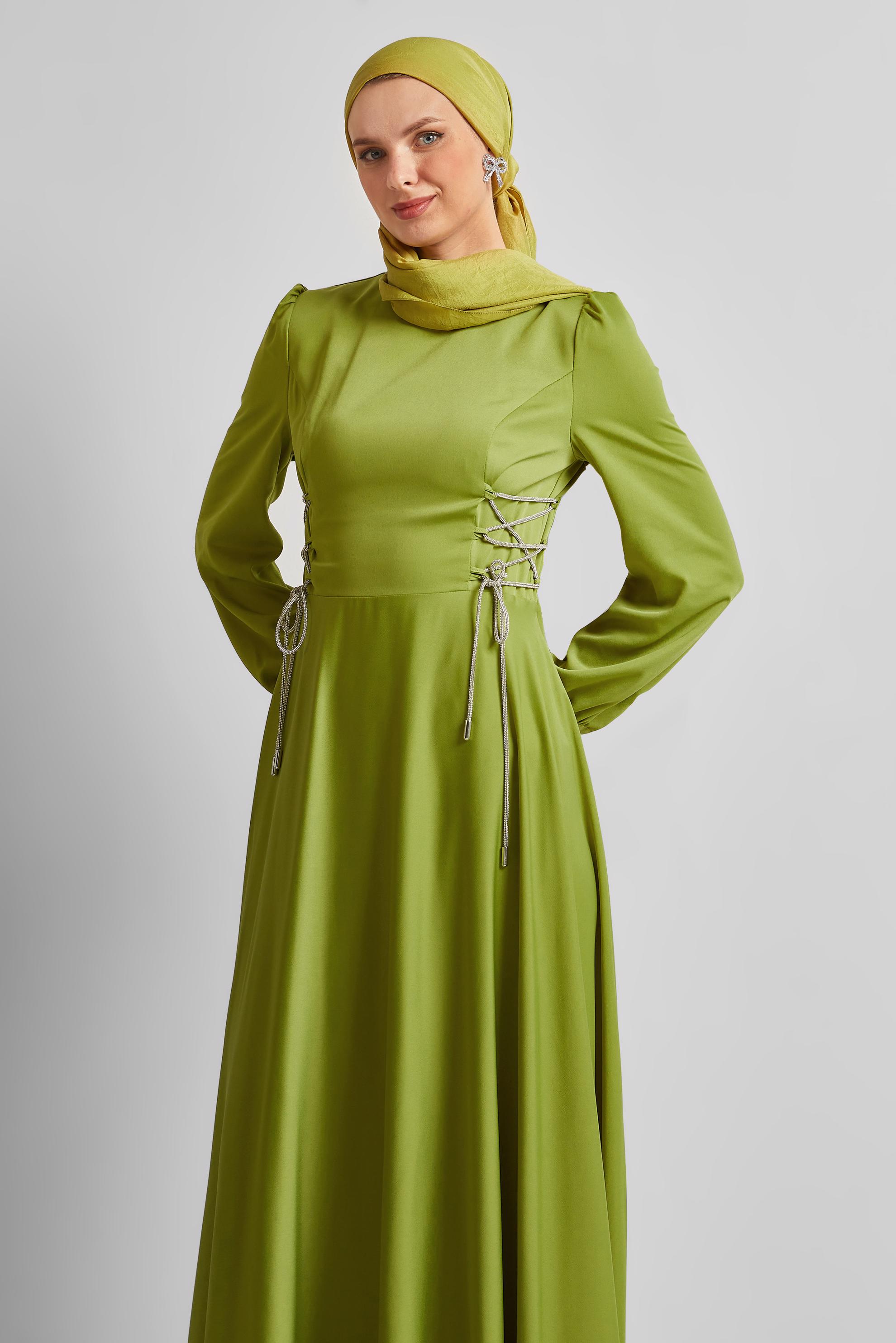 Tesettür giyim YEŞİL BAĞLAMA DETAYLI ELBİSE 45365