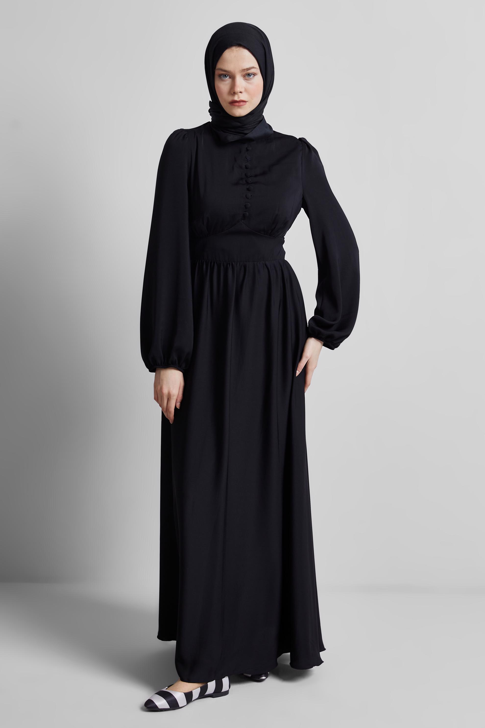 Tesettür giyim SİYAH BAĞLAMA DETAYLI ELBİSE 45366